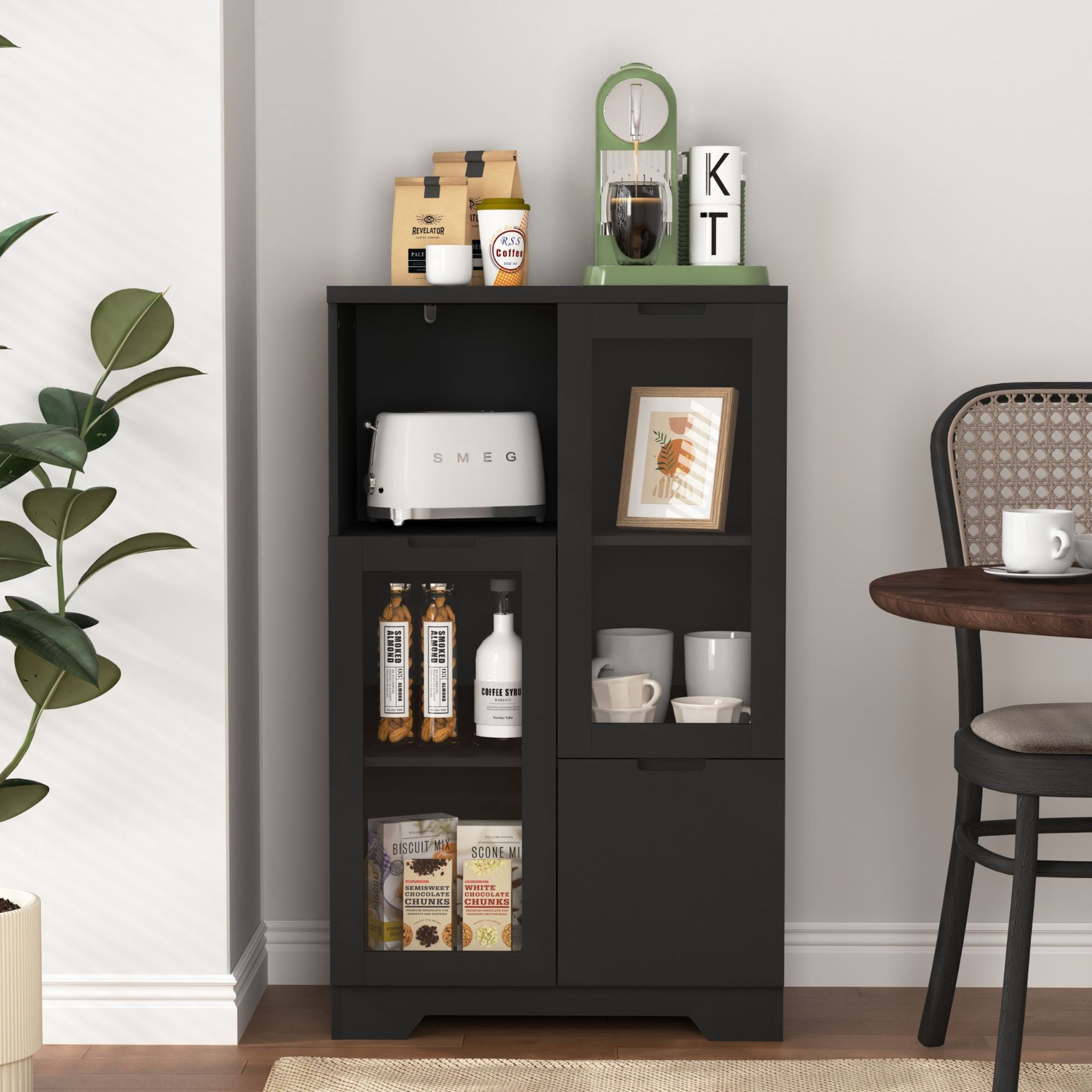 Noble House Storage Cabinet with Glass Doors and Drawer, Adjustable Shelves, Black