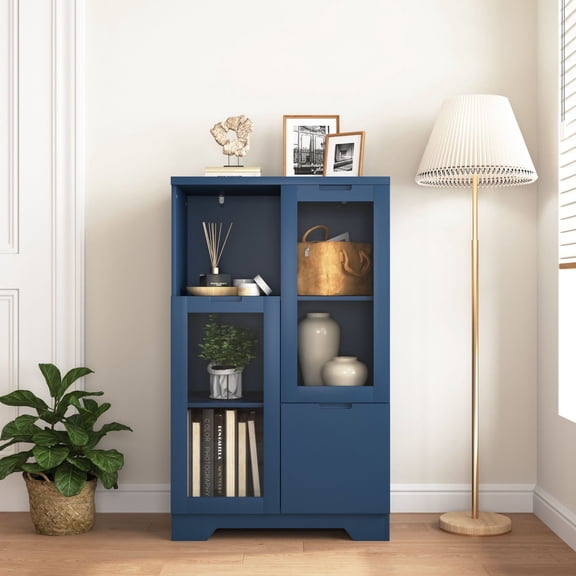 Noble House Storage Cabinet with Glass Doors and Drawer, Adjustable Shelves, Navy Blue