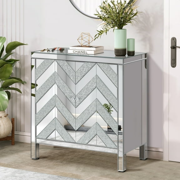 Noble House Storage Cabinet with Mirror Trim and M Shape Design Spliced Combination For Living Room, Dining Room, Entryway, Kitchen, Silver+Grey