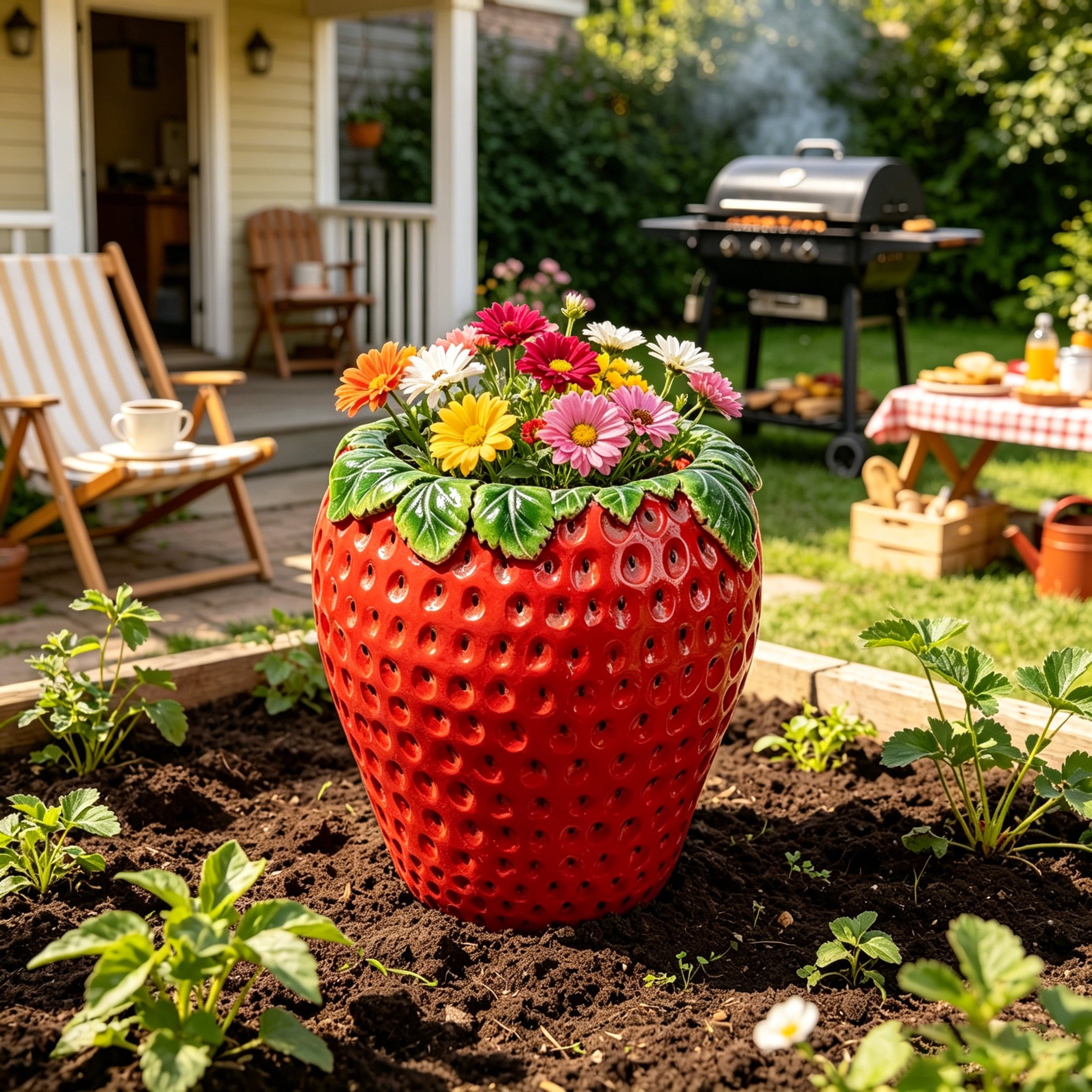 Noble House Strawberry Shaped Decorative Planter Pot & Flower Vase, Weather-Resistant Outdoor Garden Planter, Red
