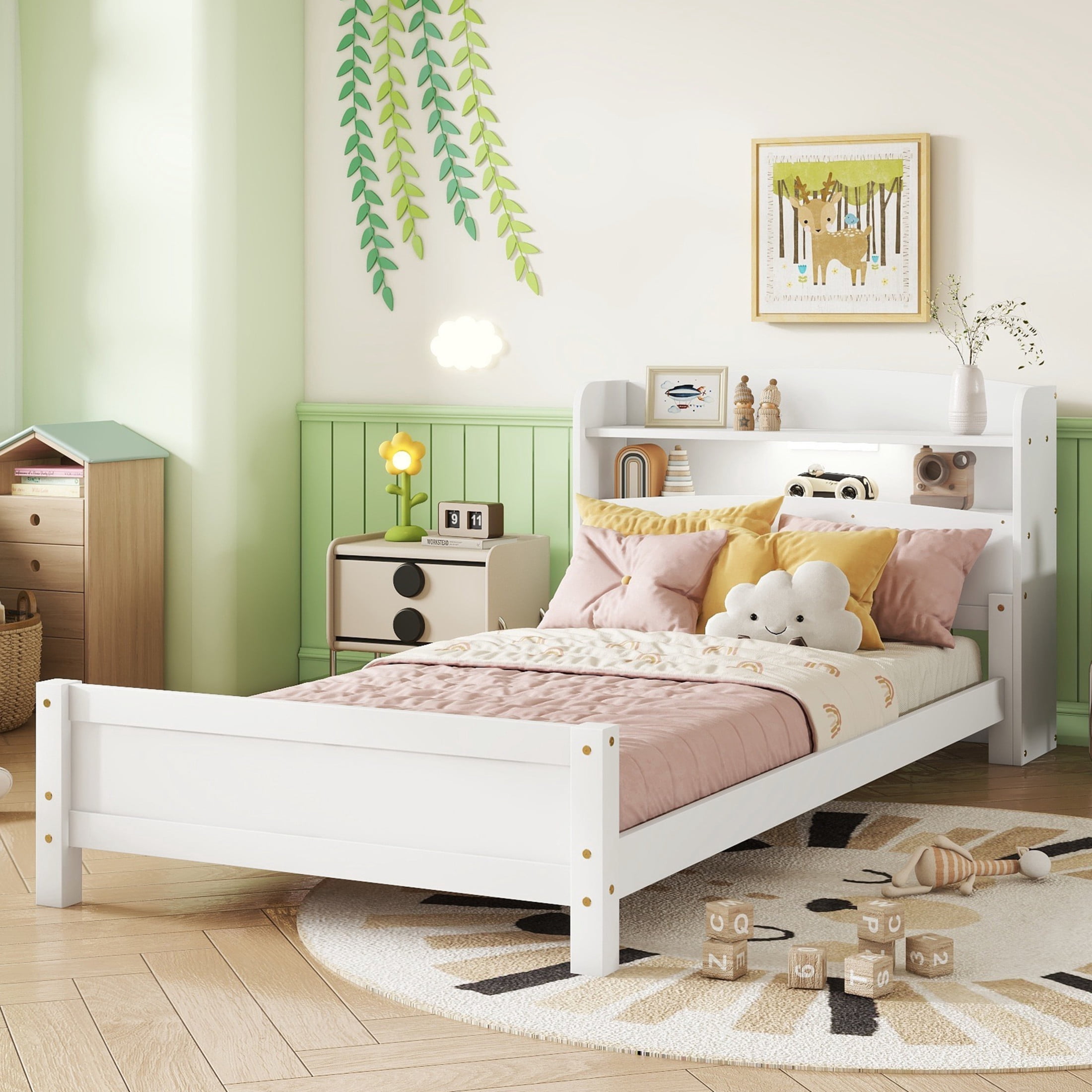 Noble House Strong Twin Bed, Pine Wood Frame with Bookcase Headboard, Guardrails & LED Motion Sensor Light, White