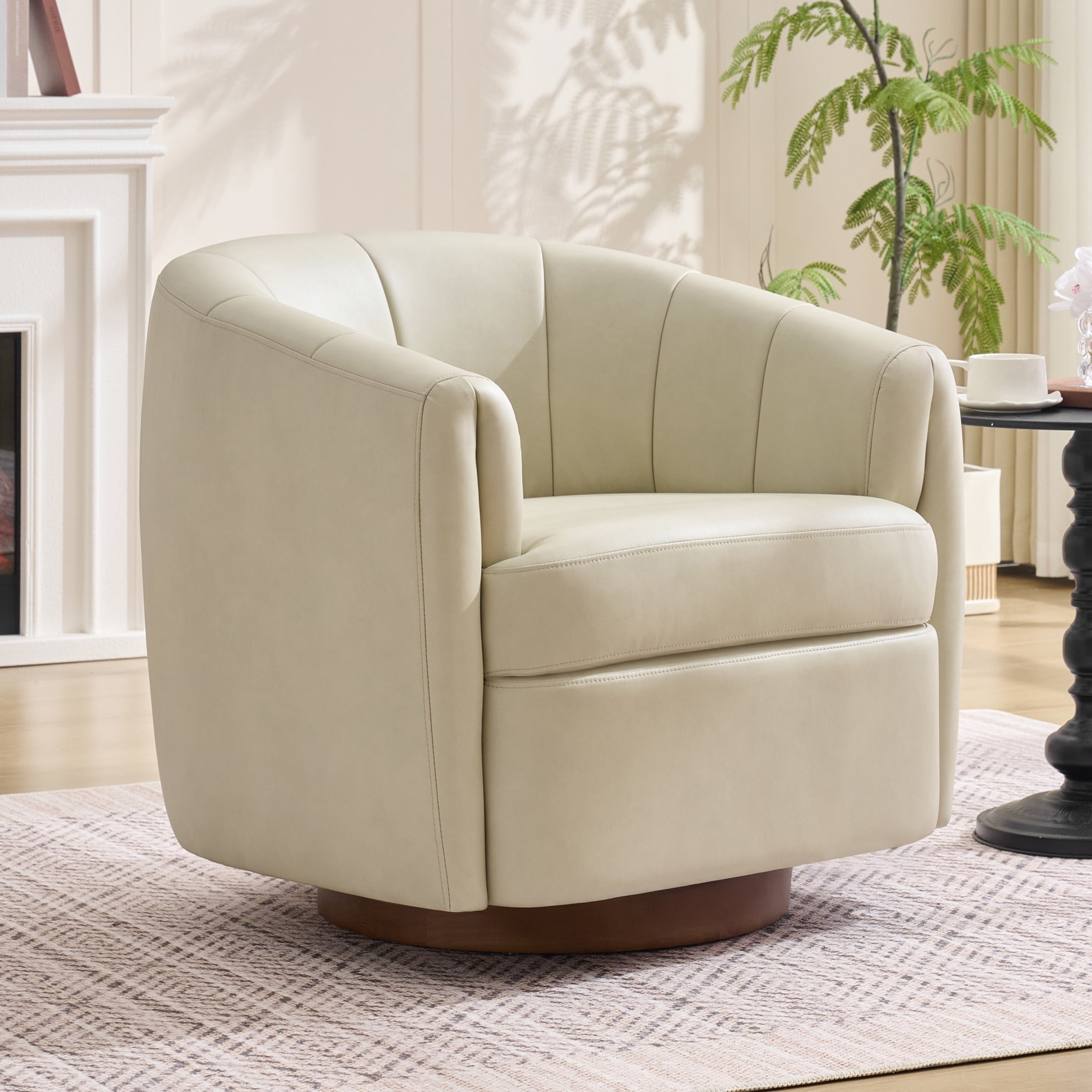 Noble House Swivel Accent Chair with Solid Wood Base, PU Leather Upholstered Armchair for Living Room, Cream