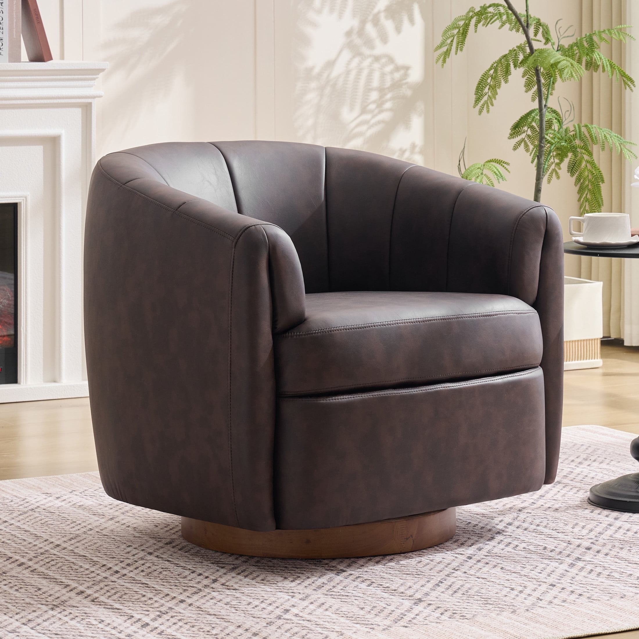 Noble House Swivel Accent Chair with Solid Wood Base, PU Upholstered Armchair for Living Room, Dark Brown
