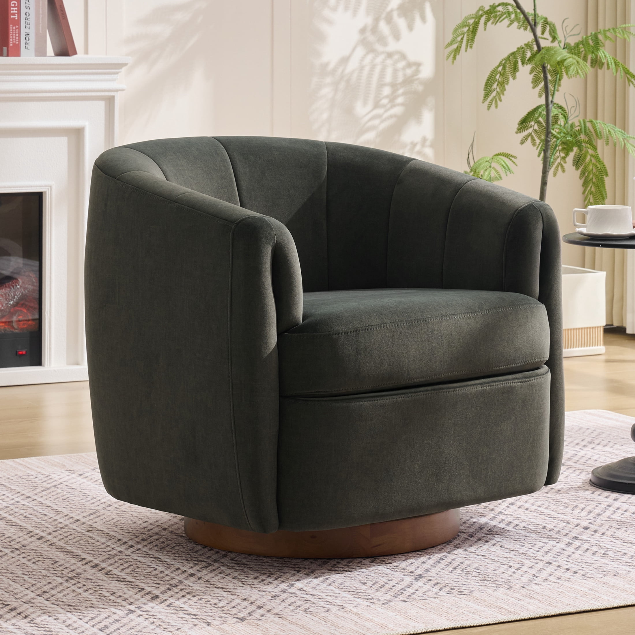 Noble House Swivel Accent Chair with Solid Wood Base, Velvet Upholstered Armchair for Living Room, Gray