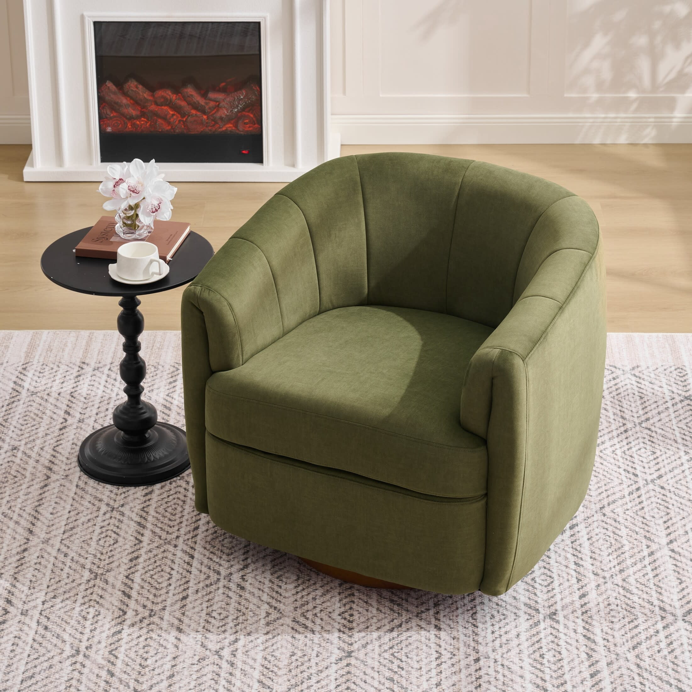 Noble House Swivel Accent Chair with Solid Wood Base, Velvet Upholstered Armchair for Living Room, Green
