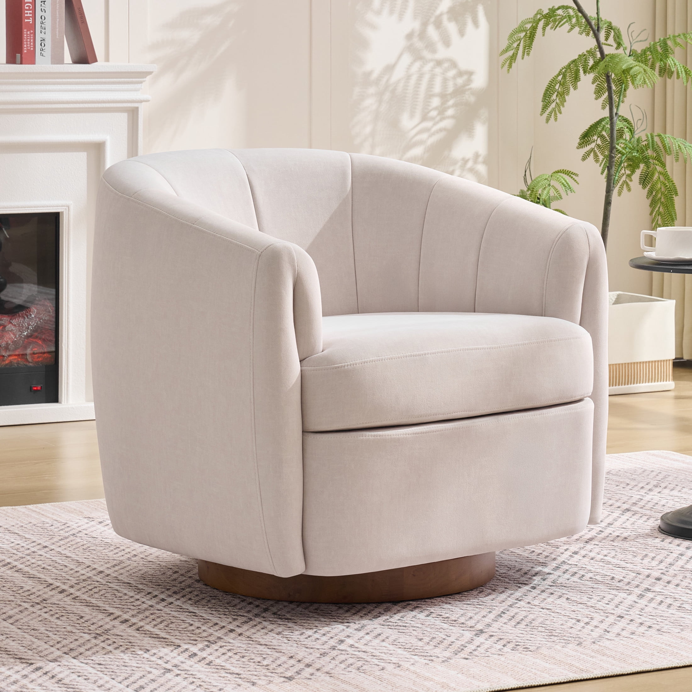 Noble House Swivel Accent Chair with Solid Wood Base, Velvet Upholstered Armchair for Living Room, White