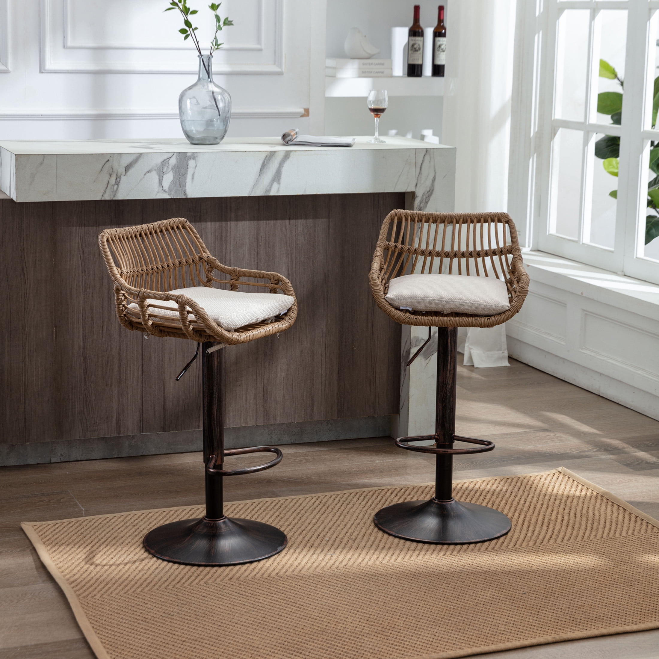 Noble House Swivel Bar Stools Set of 2, Adjustable Linen Counter Height Chairs with Footrest, Beige