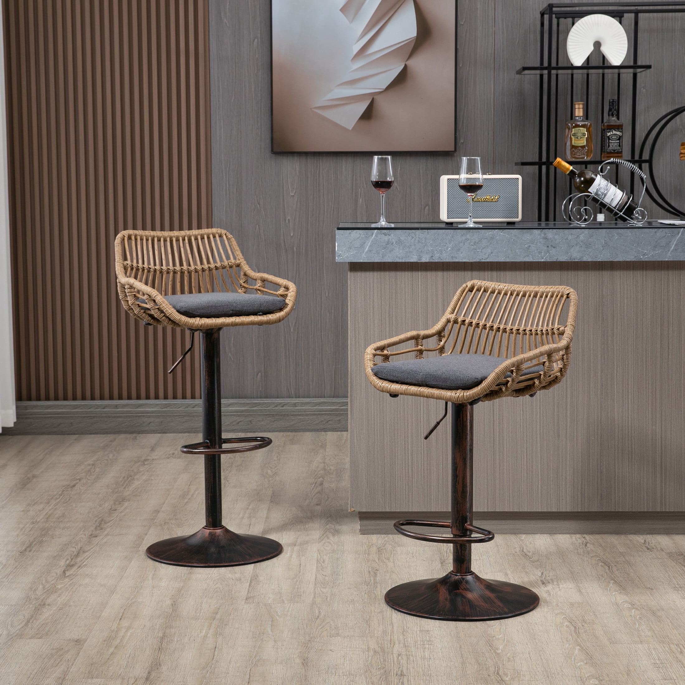 Noble House Swivel Bar Stools Set of 2, Adjustable Linen Counter Height Chairs with Footrest, Gray