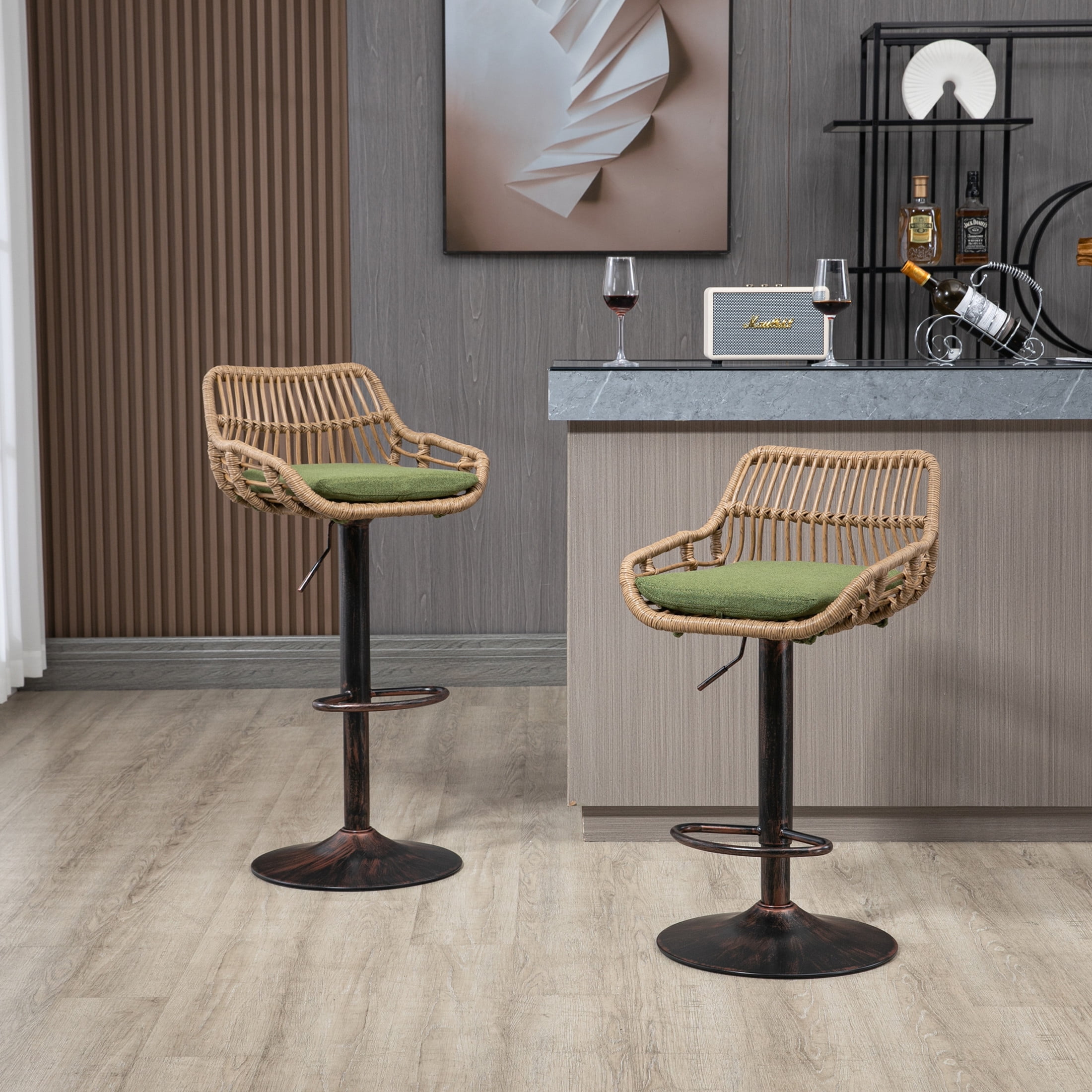Noble House Swivel Bar Stools Set of 2, Adjustable Linen Counter Height Chairs with Footrest, Green