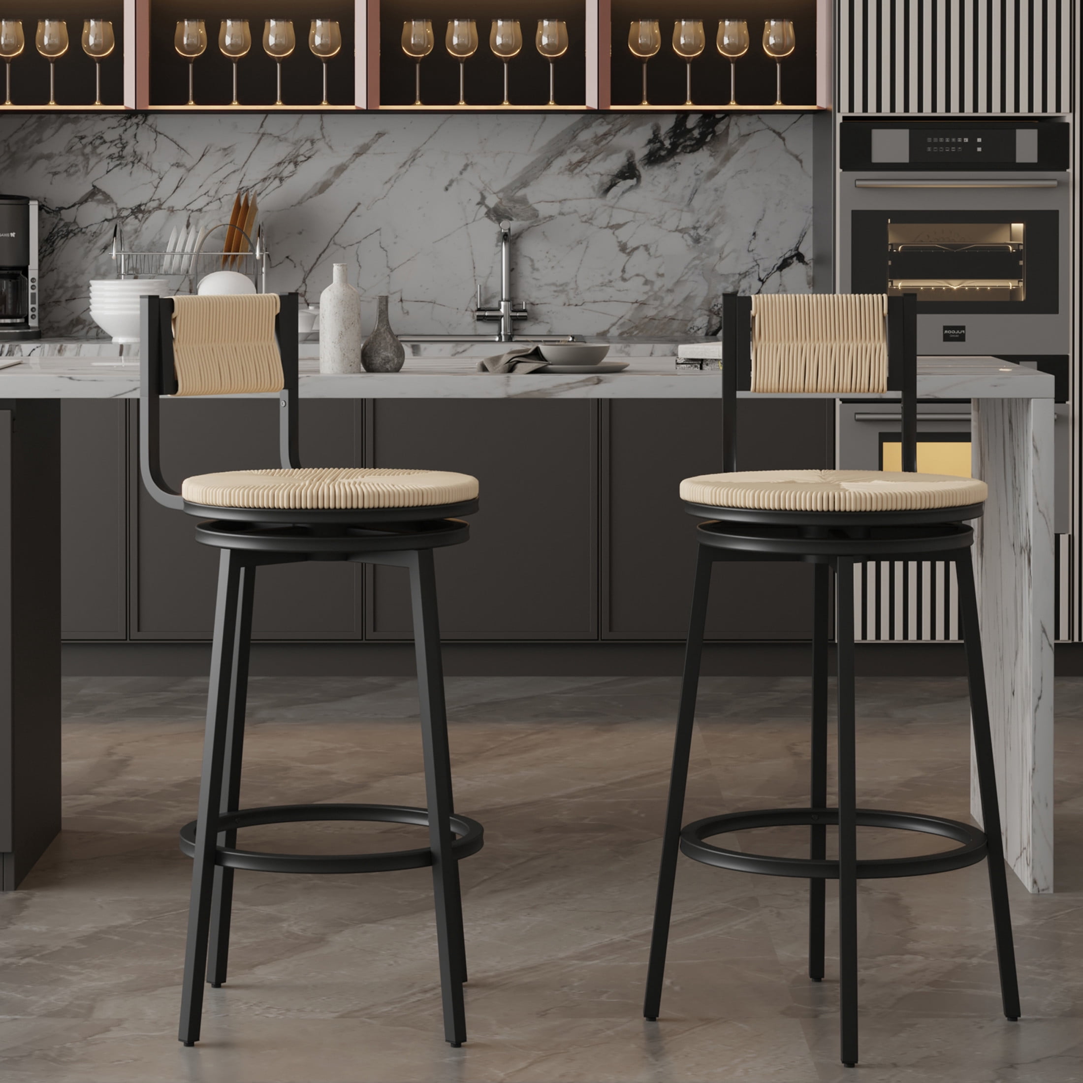 Noble House Swivel Counter Height Bar Stools Set of 2, Handwoven Paper Rope Seat, Creamy White