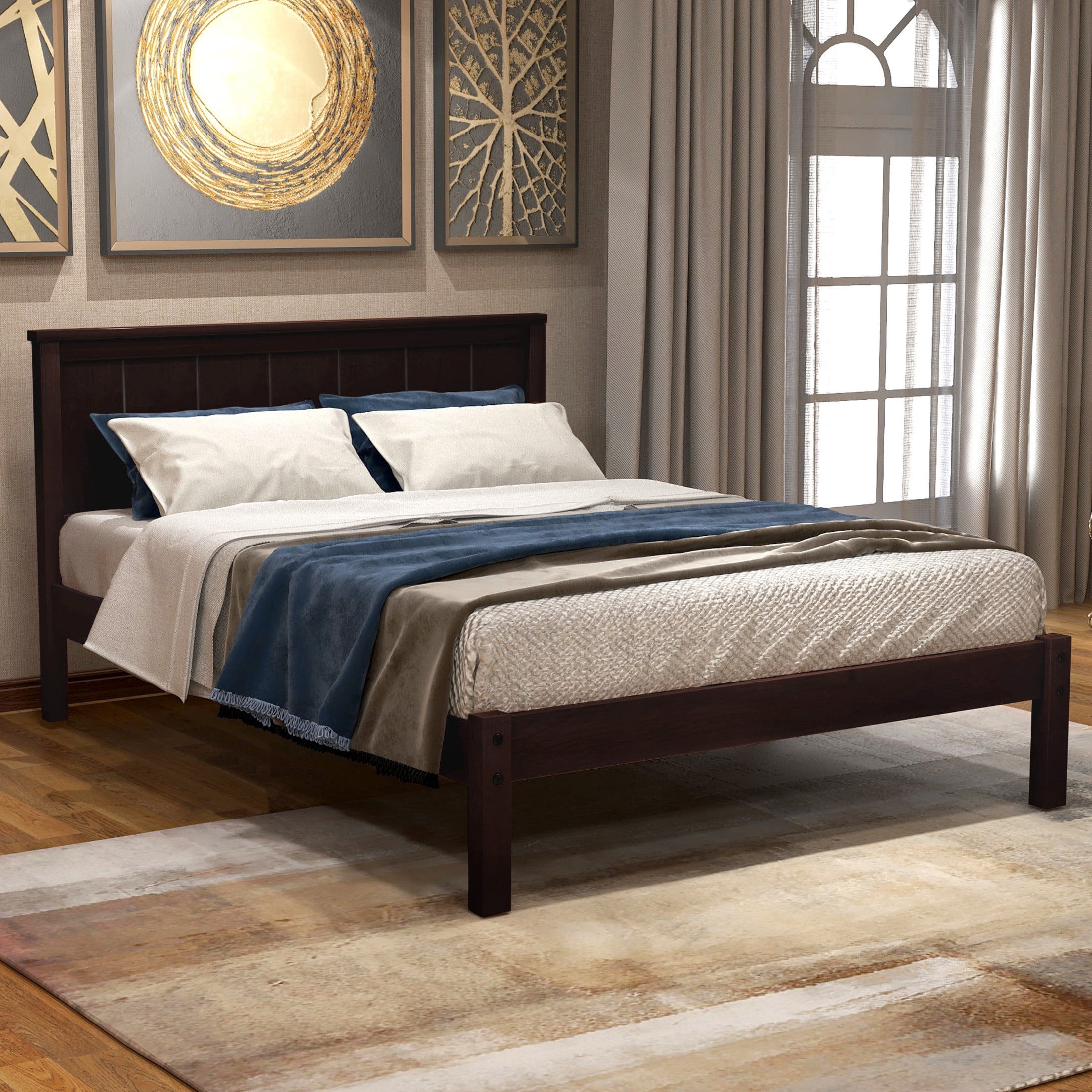Noble House Sylvia Twin Platform Bed Frame with Headboard, Wood Slat Support, Modern Pine Wood Frame, Espresso