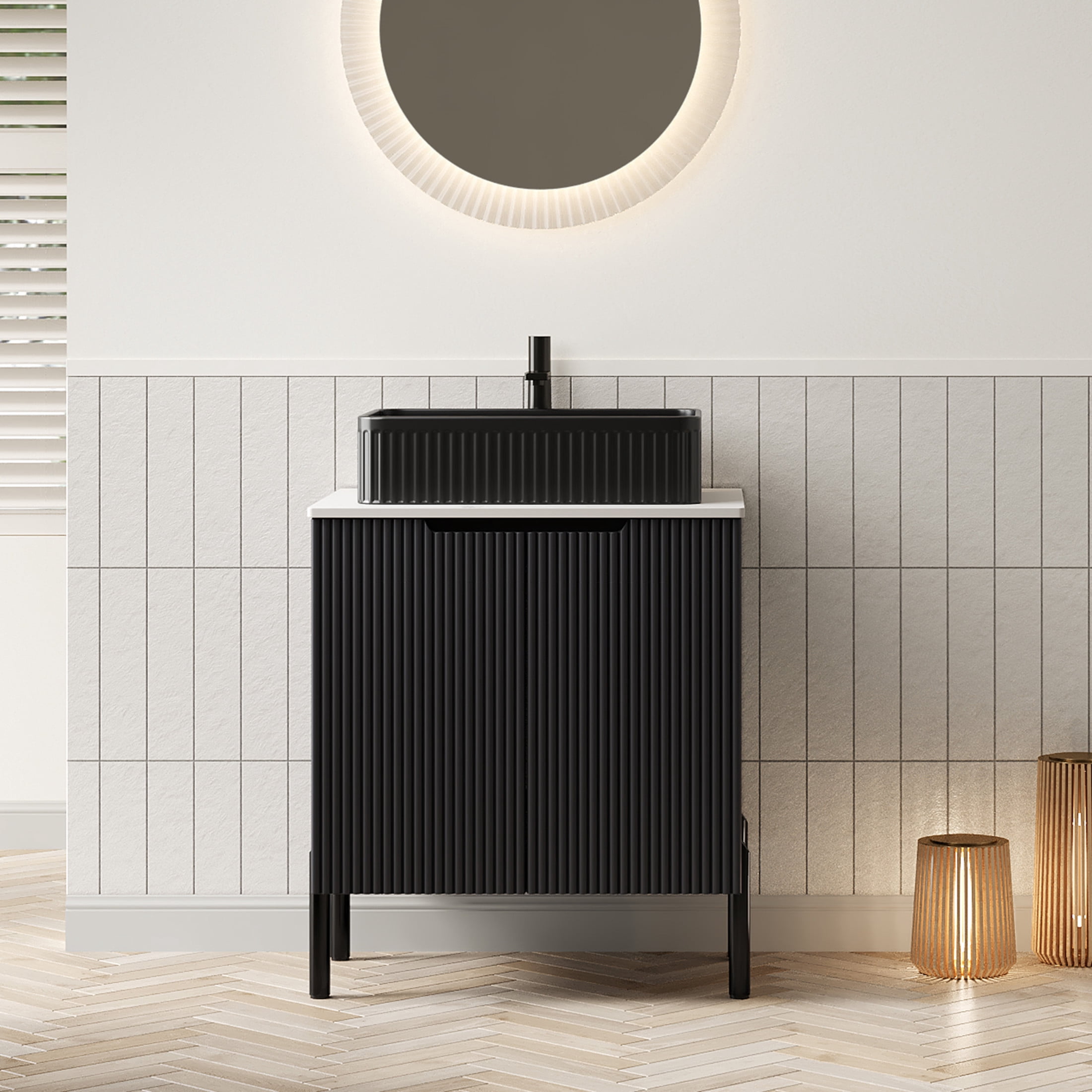 Noble House TURIO 24" Bathroom Vanity with Sintered Stone Countertop, Storage Cabinet, Black Rectangle Basin, Black