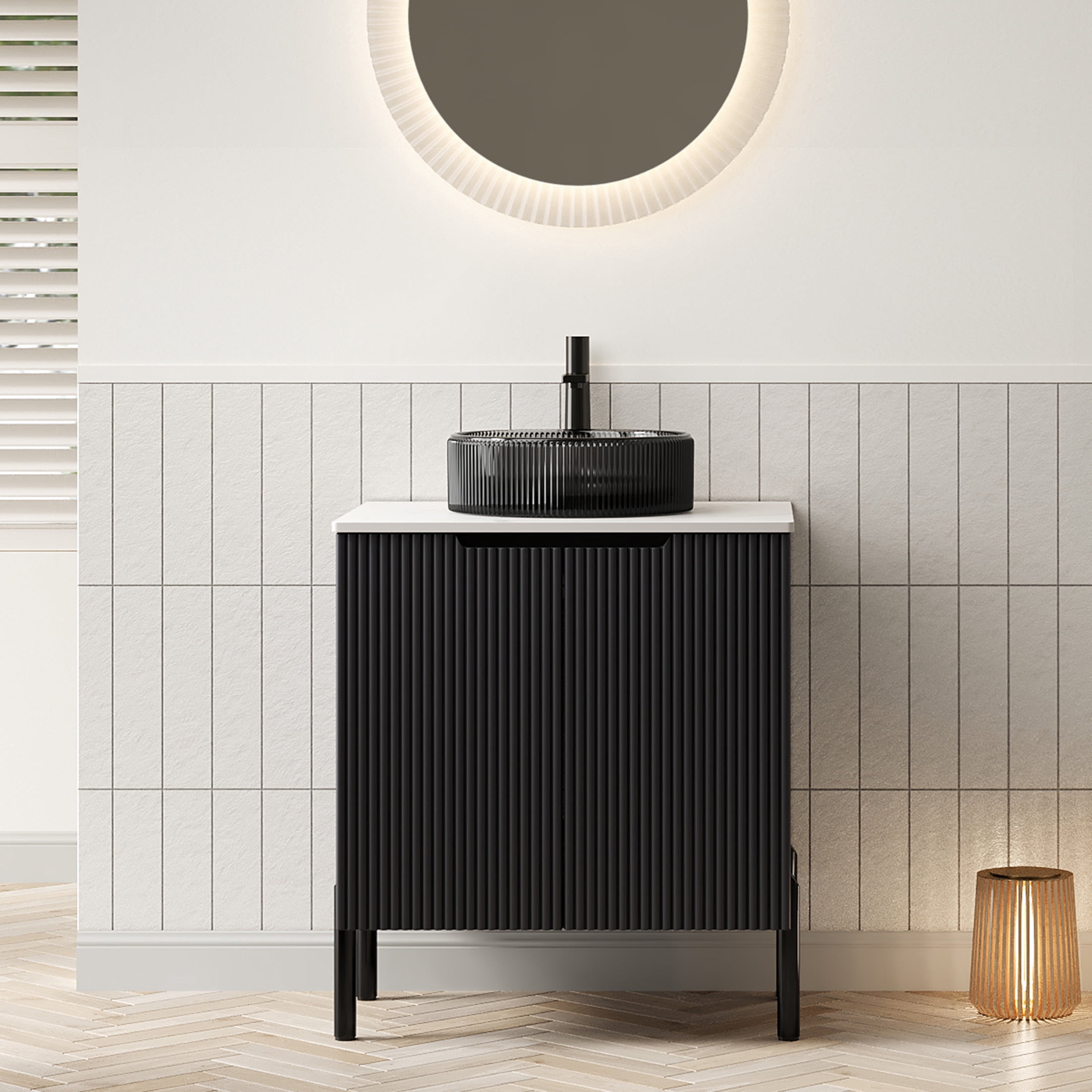 Noble House TURIO 24" Bathroom Vanity with Sintered Stone Countertop, Storage Cabinet, Black Round Basin, Black