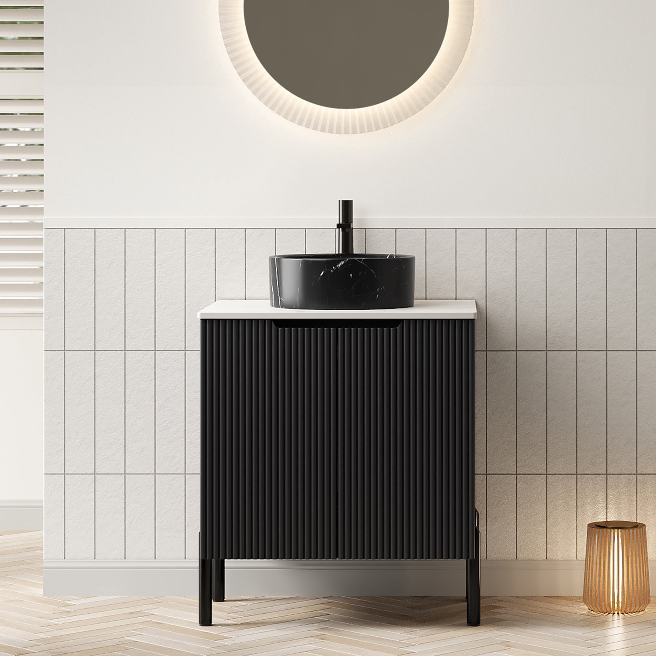 Noble House TURIO 24" Bathroom Vanity with Sintered Stone Countertop, Storage Cabinet, Black Stone Round Basin, Black