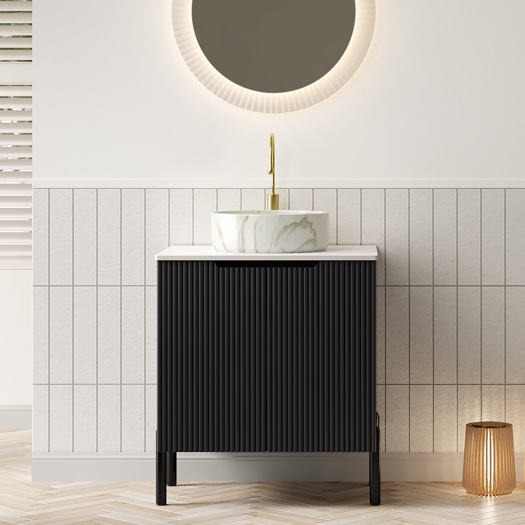Noble House TURIO 24" Bathroom Vanity with Sintered Stone Countertop, Storage Cabinet, White Stone Basin, Black