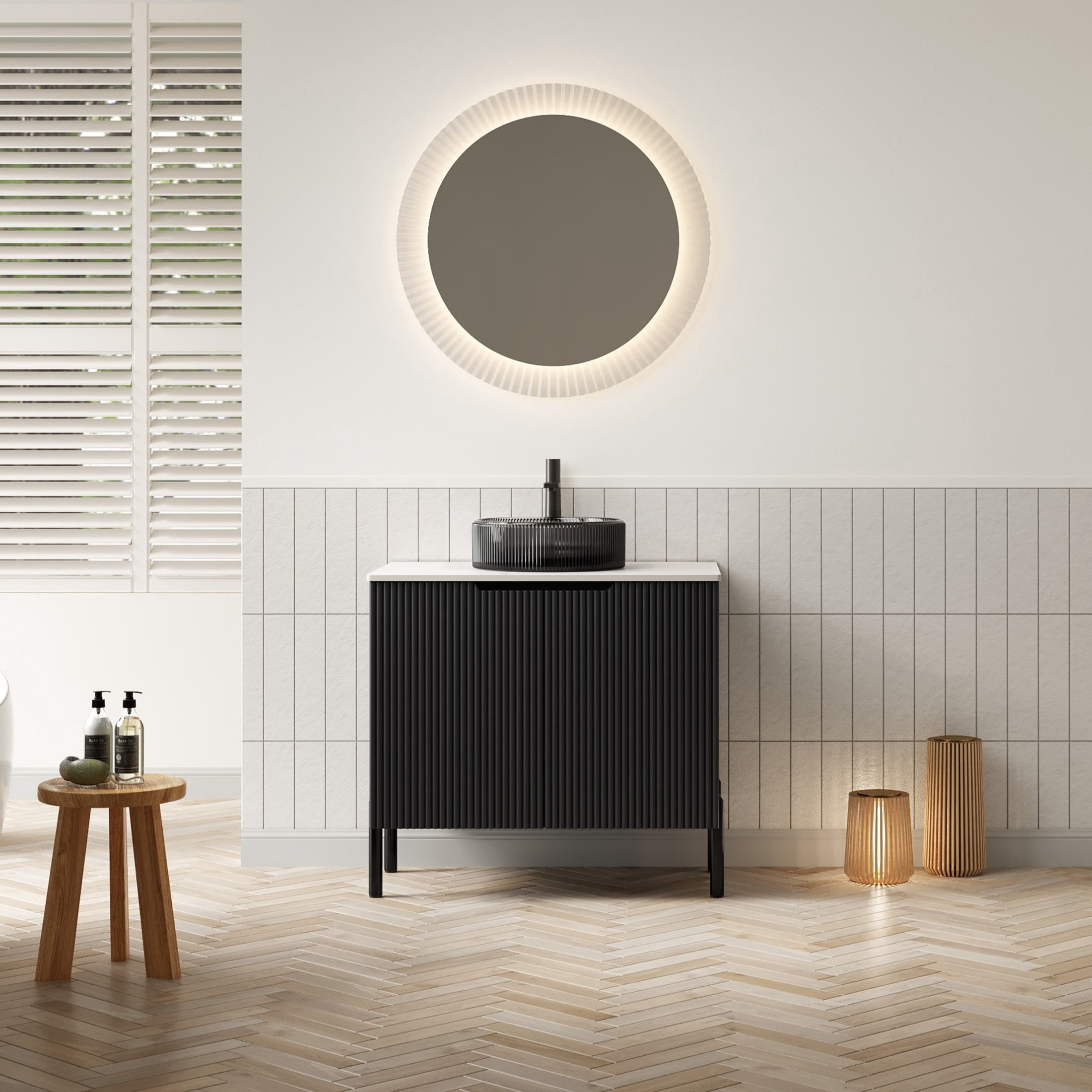 Noble House TURIO 30" Bathroom Vanity with Sintered Stone Countertop, Storage Cabinet, Black Glass Round Basin, Black