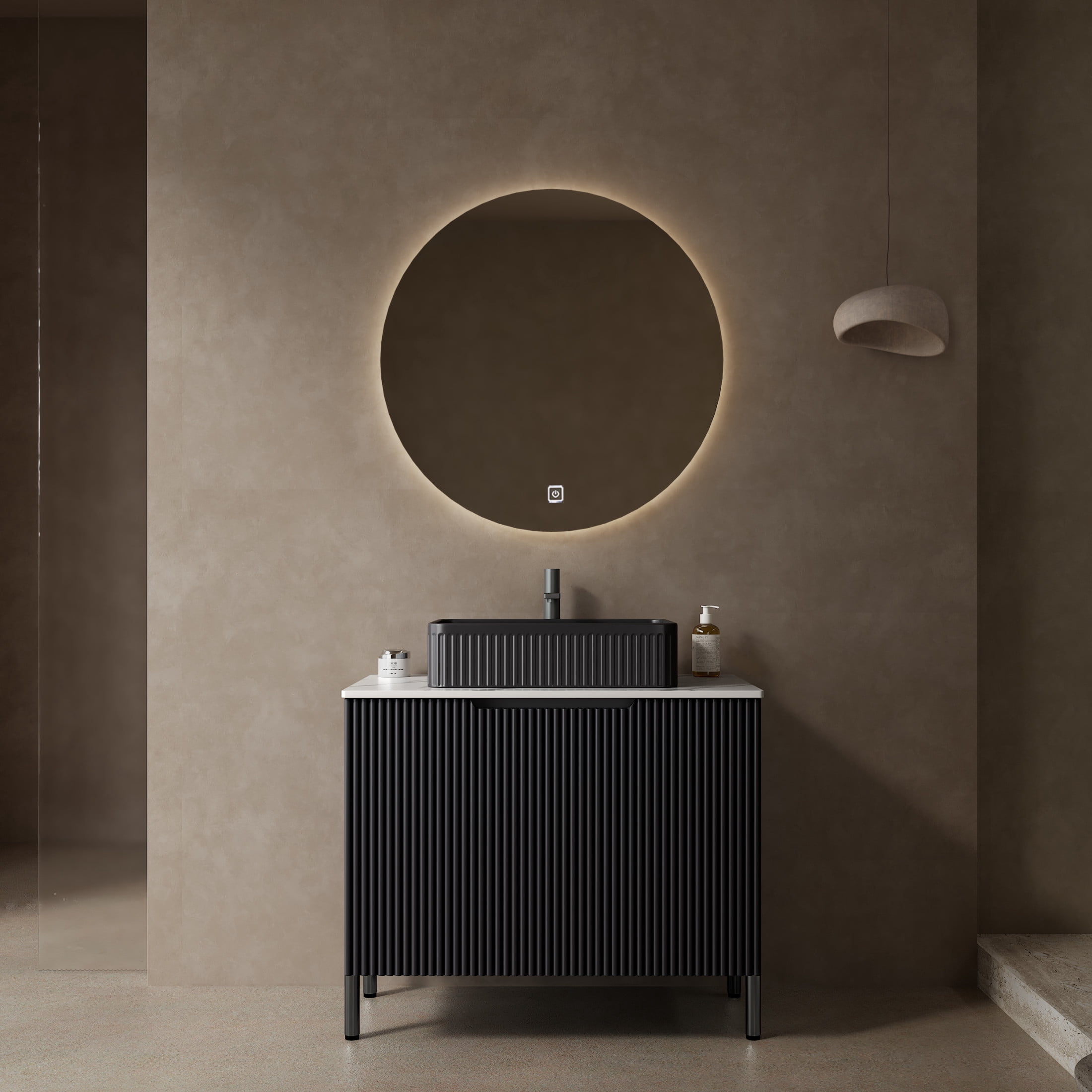Noble House TURIO 30" Bathroom Vanity with Sintered Stone Countertop, Storage Cabinet, Black Rectangle Basin, Black
