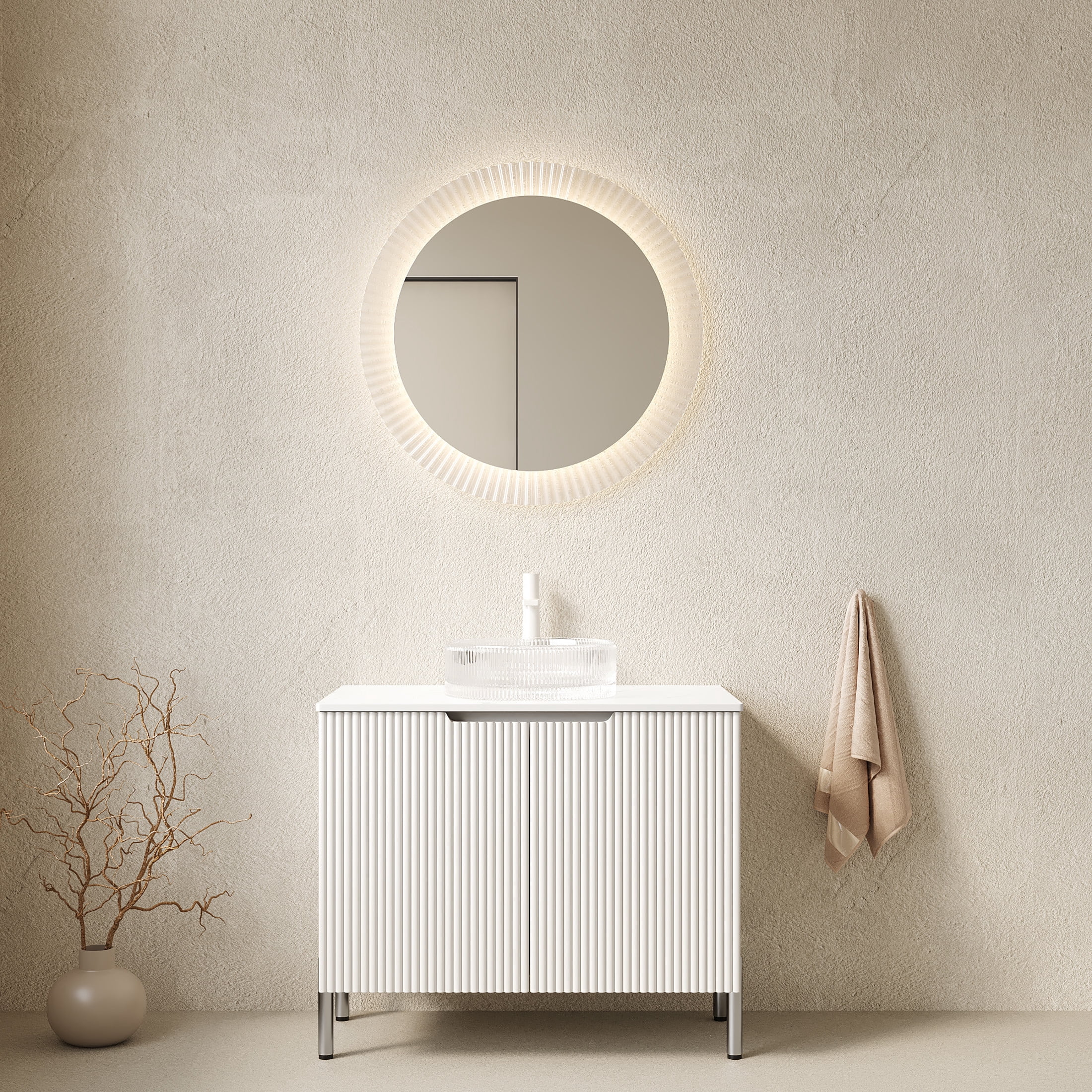 Noble House TURIO 30" Bathroom Vanity with Sintered Stone Countertop, Storage Cabinet, Clear Glass Round Basin, White
