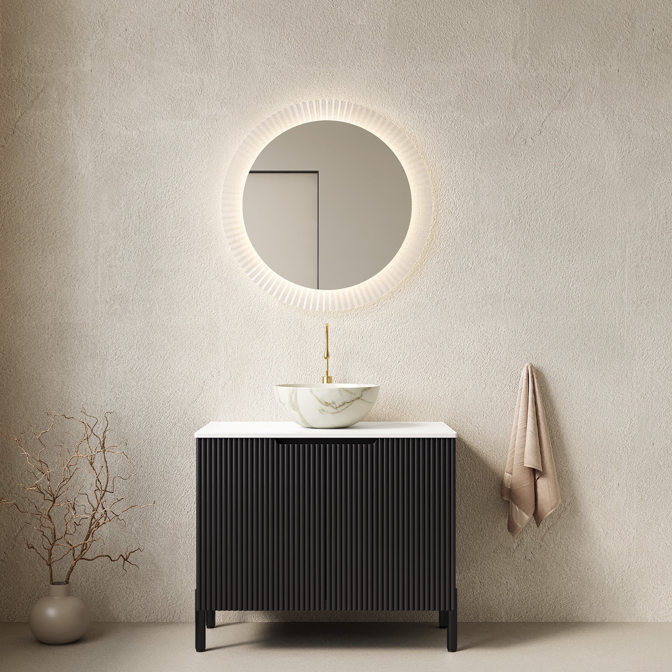 Noble House TURIO 30" Bathroom Vanity with Sintered Stone Countertop, Storage Cabinet, Stone Bowl Basin, Black