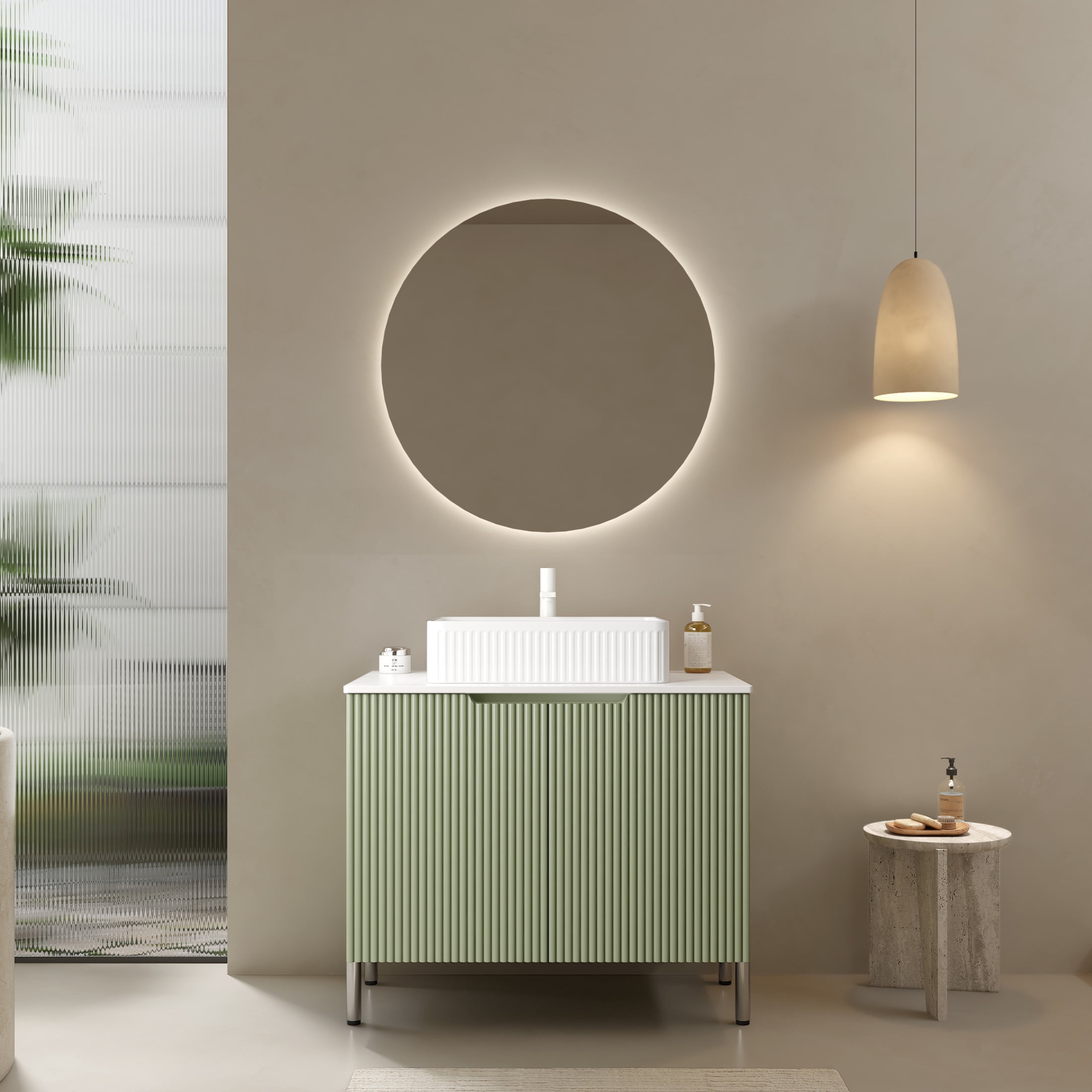 Noble House TURIO 30" Bathroom Vanity with Sintered Stone Countertop, Storage Cabinet, White Rectangle Basin, Light Green