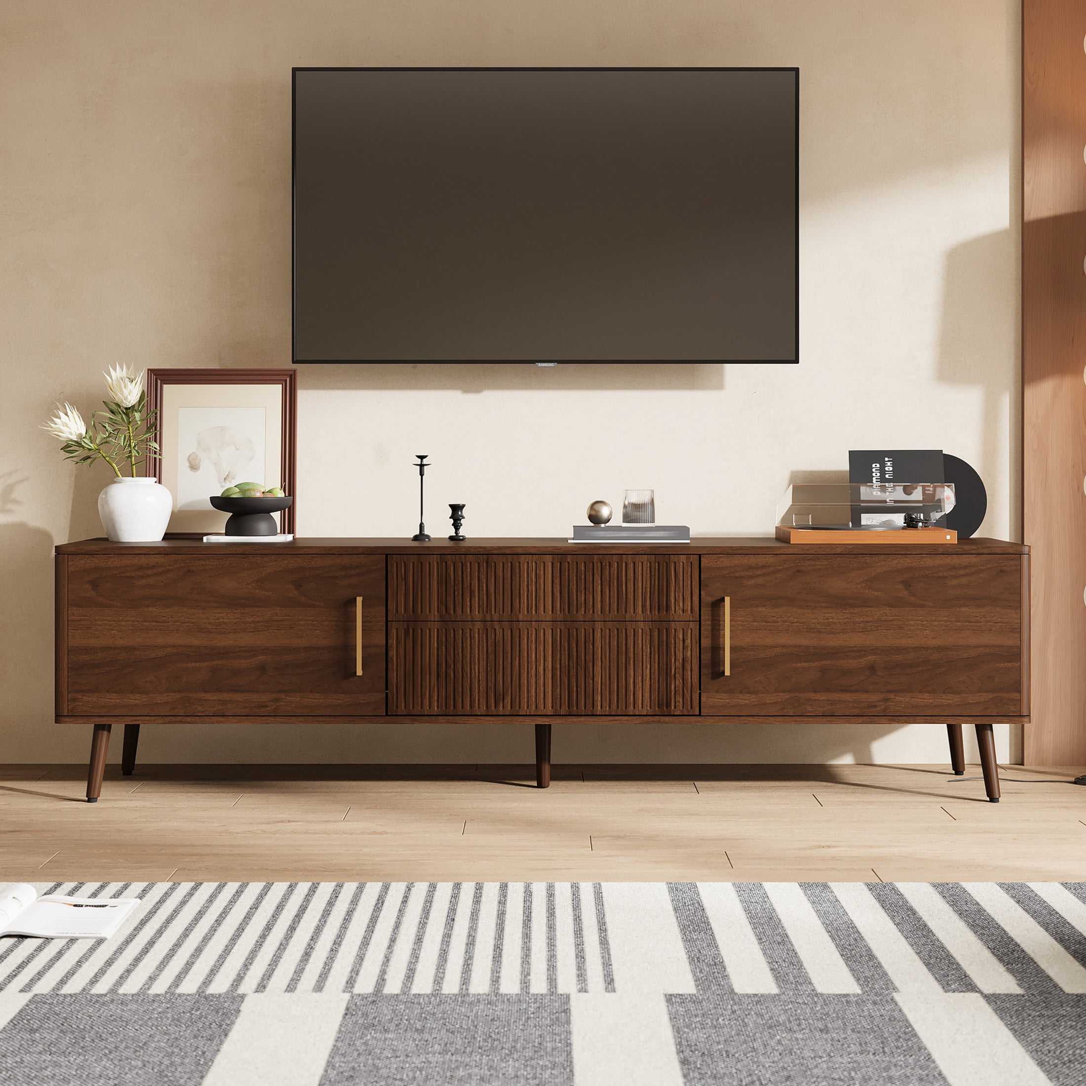 Noble House TV Stand for TVs up to 80'', Media Console with Drawers and Storage Cabinets, Walnut