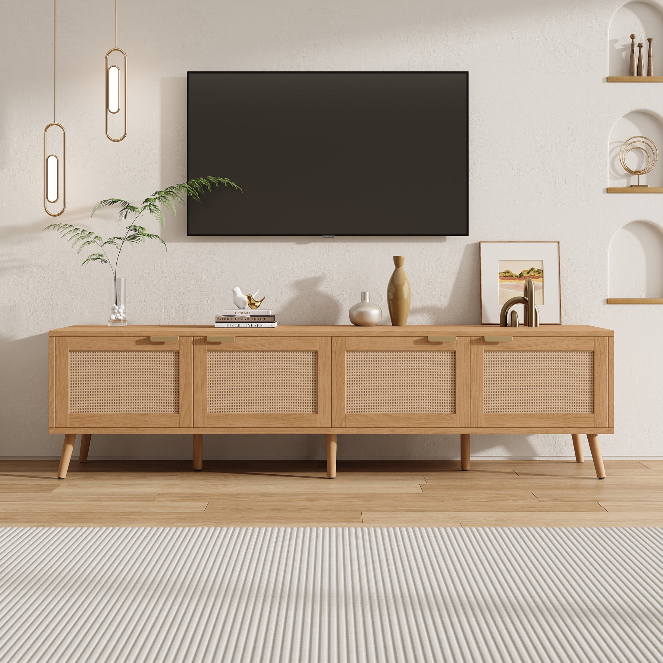 Noble House TV Stand for TVs up to 80" with Rattan Doors and Cable Management, Natural
