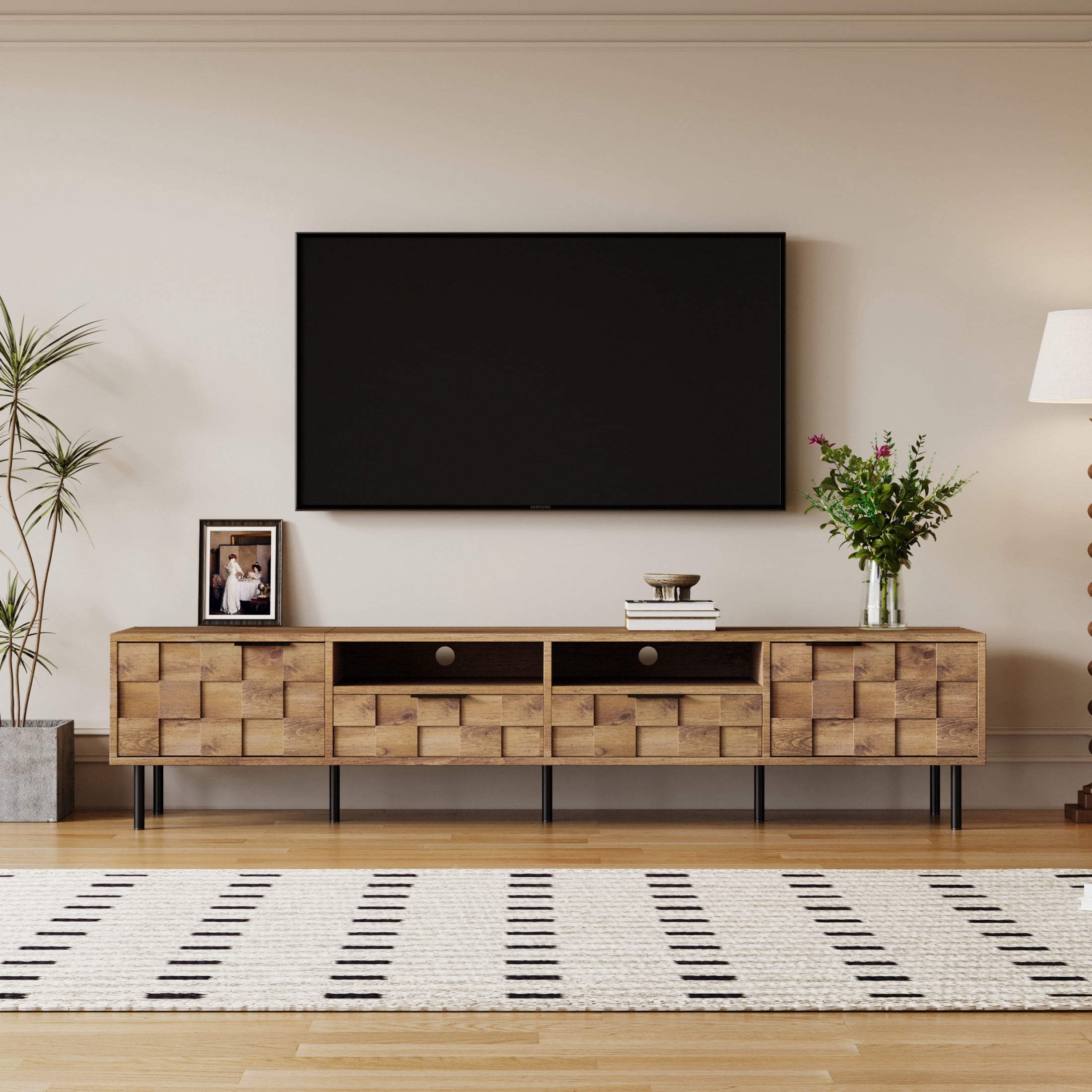 Noble House TV Stand for TVs up to 85 Inch with 2 Drawers and Storage Cabinets, Natural