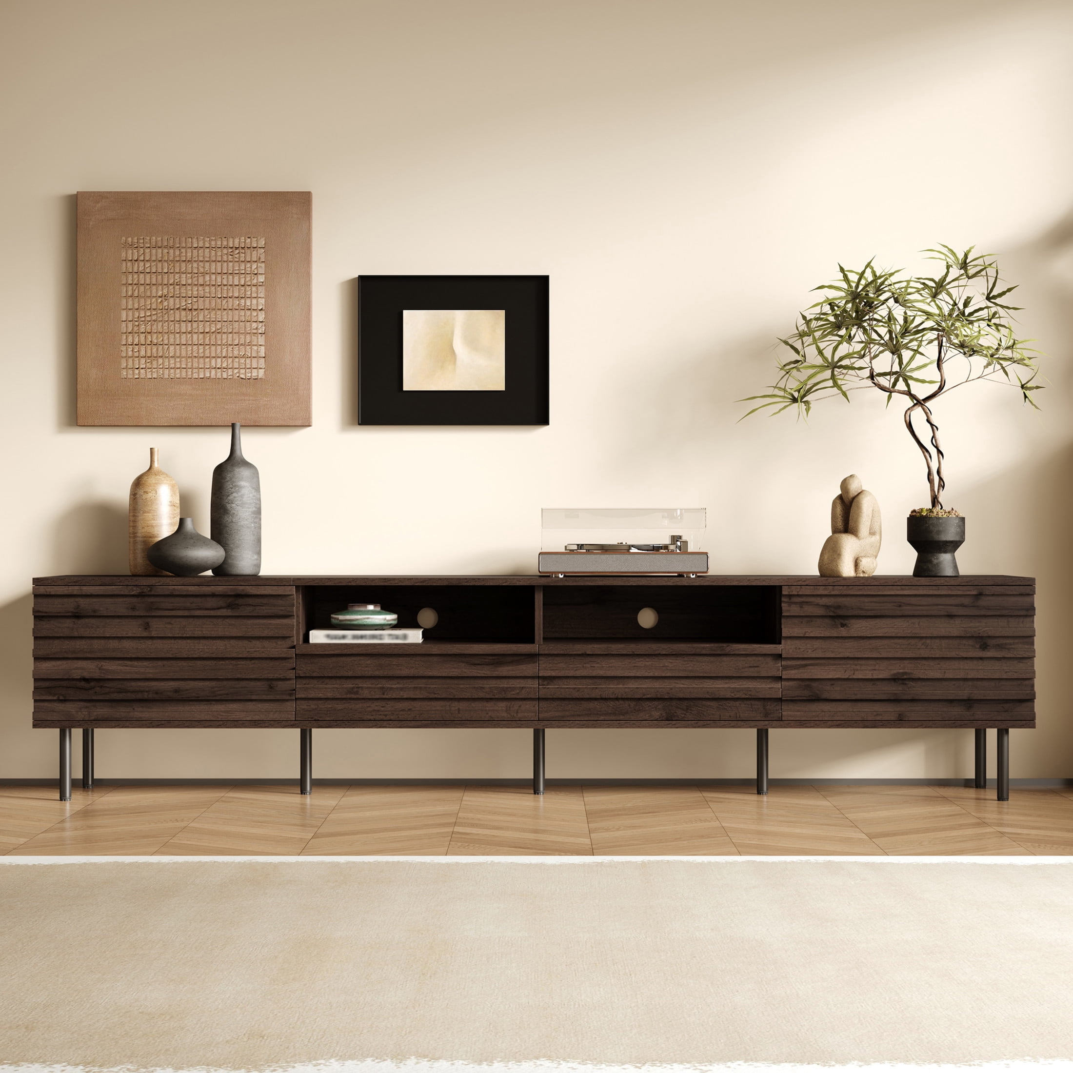Noble House TV Stand for TVs up to 85 Inch with Slatted Doors, Cable Management, Walnut
