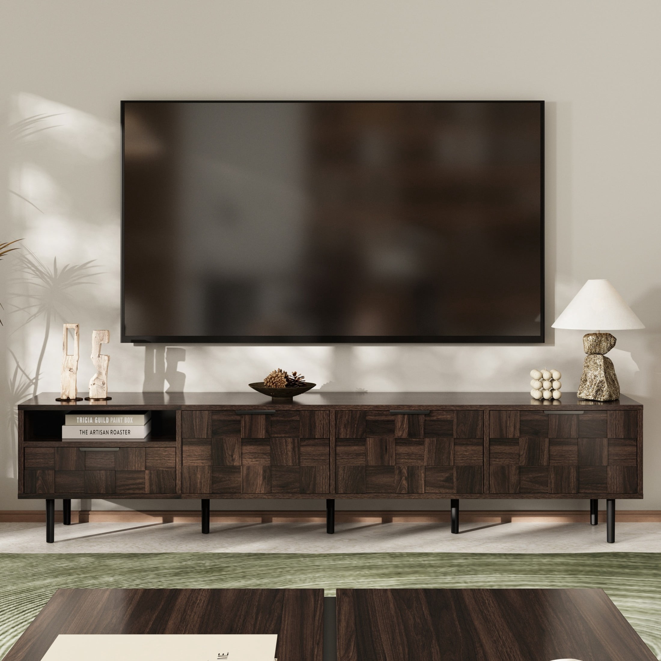 Noble House TV Stand for TVs up to 85 Inch with Storage Cabinets, Drawer and Open Shelf, Walnut