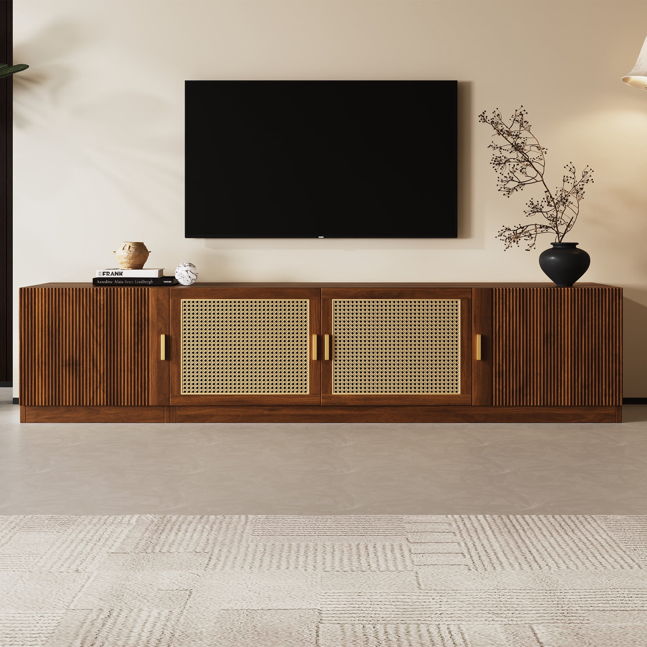 Noble House TV Stand for TVs up to 85", Media Console with Rattan Doors and Adjustable Shelves, Walnut