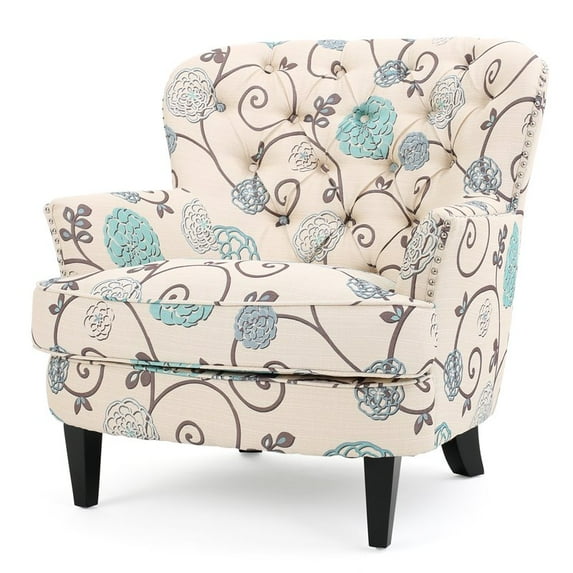 Noble House Tafton White and Blue Floral Fabric Club Chair