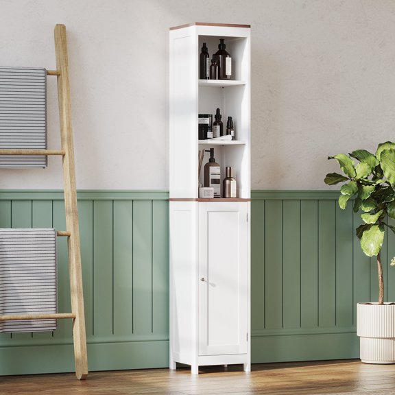 Noble House Tall Bathroom Storage Cabinet, Slim Freestanding Linen Tower with Reversible Door, Small Spaces, White