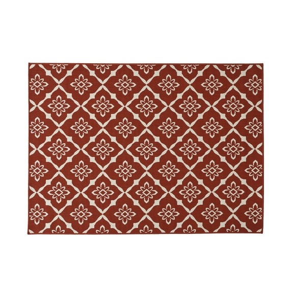 Noble House Tallevast 5' 3" x 7' Outdoor Trellis Area Rug in Red and Ivory