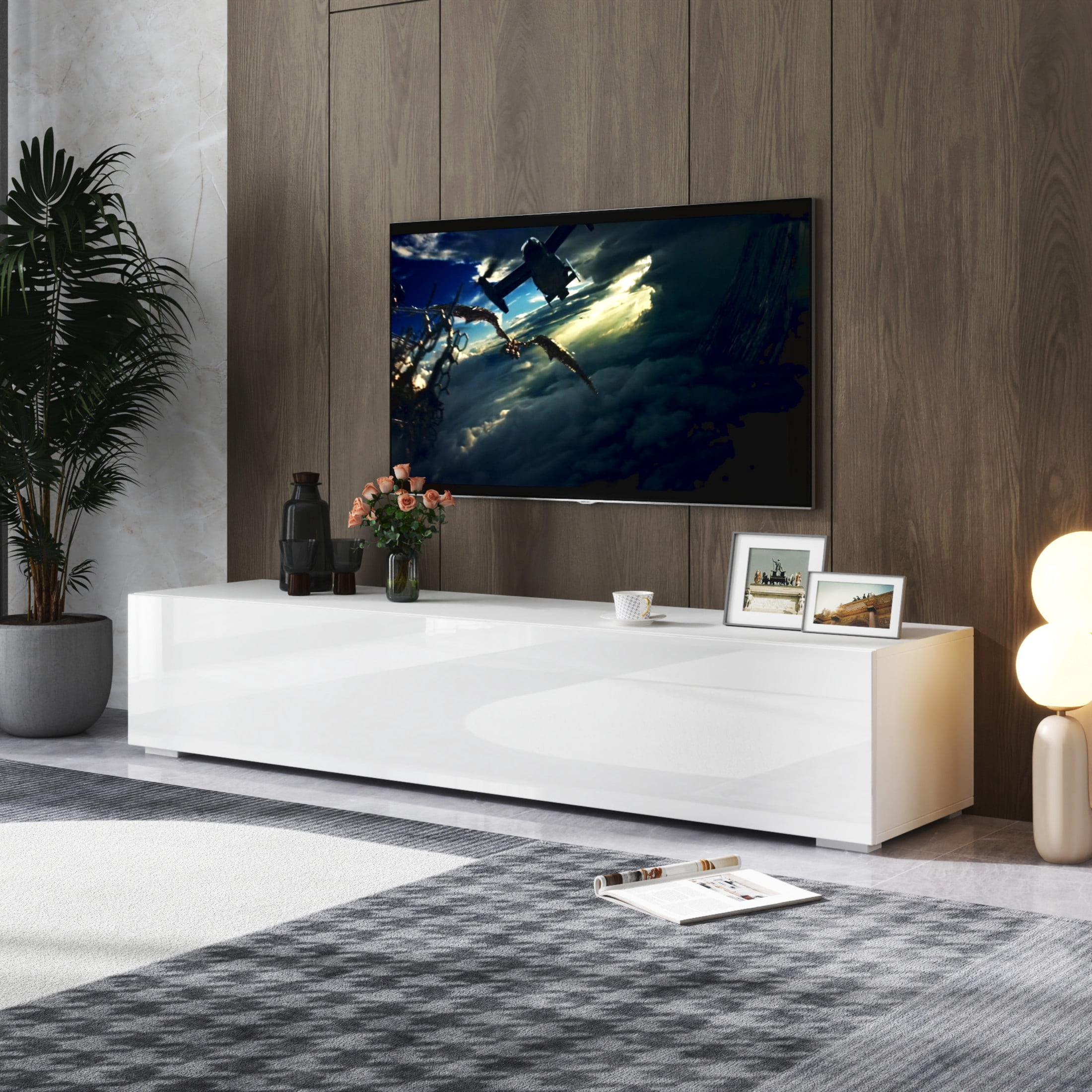 Noble House Tamara 63" Floating Entertainment Center, Wooden Wall-Mounted Media Console, Drop-Down Cabinets, White