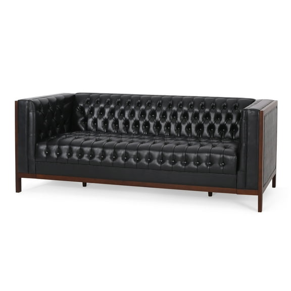 Noble House Tamarisk Sofa, Midnight Black and Espresso Faux Leather