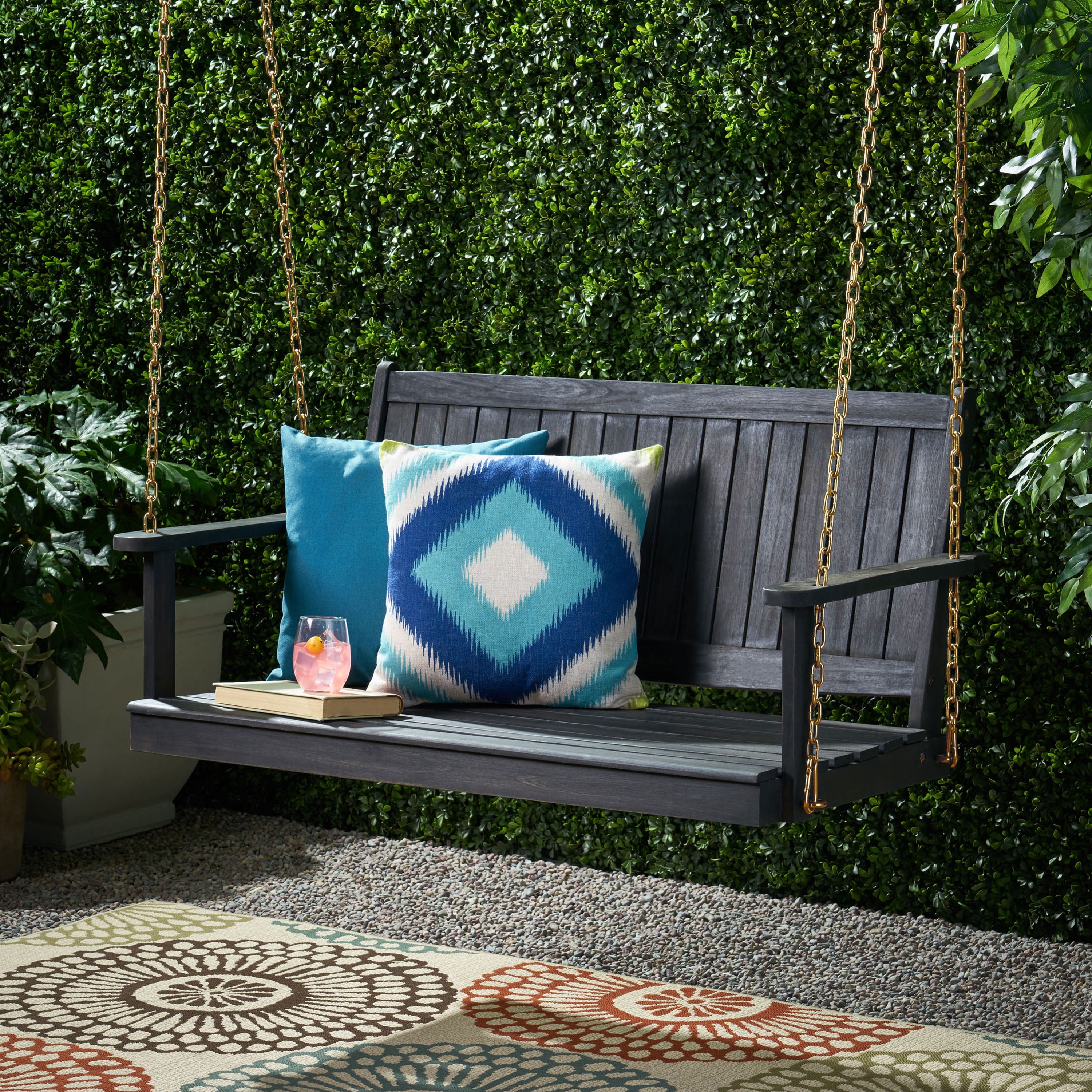 Maximo Outdoor Aacia Wood Porch Swing, Dark Gray
