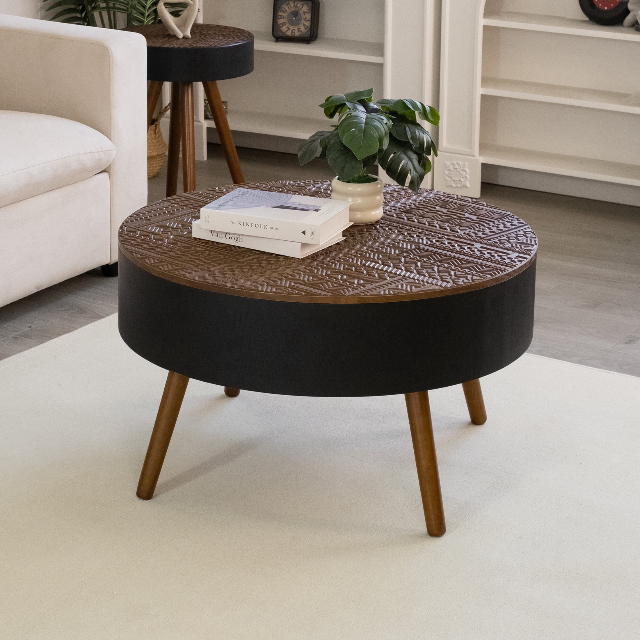 Noble House Tappen 31.5" Round Coffee Table with Engraved Top, American Wood Side Table for Small Spaces, Black