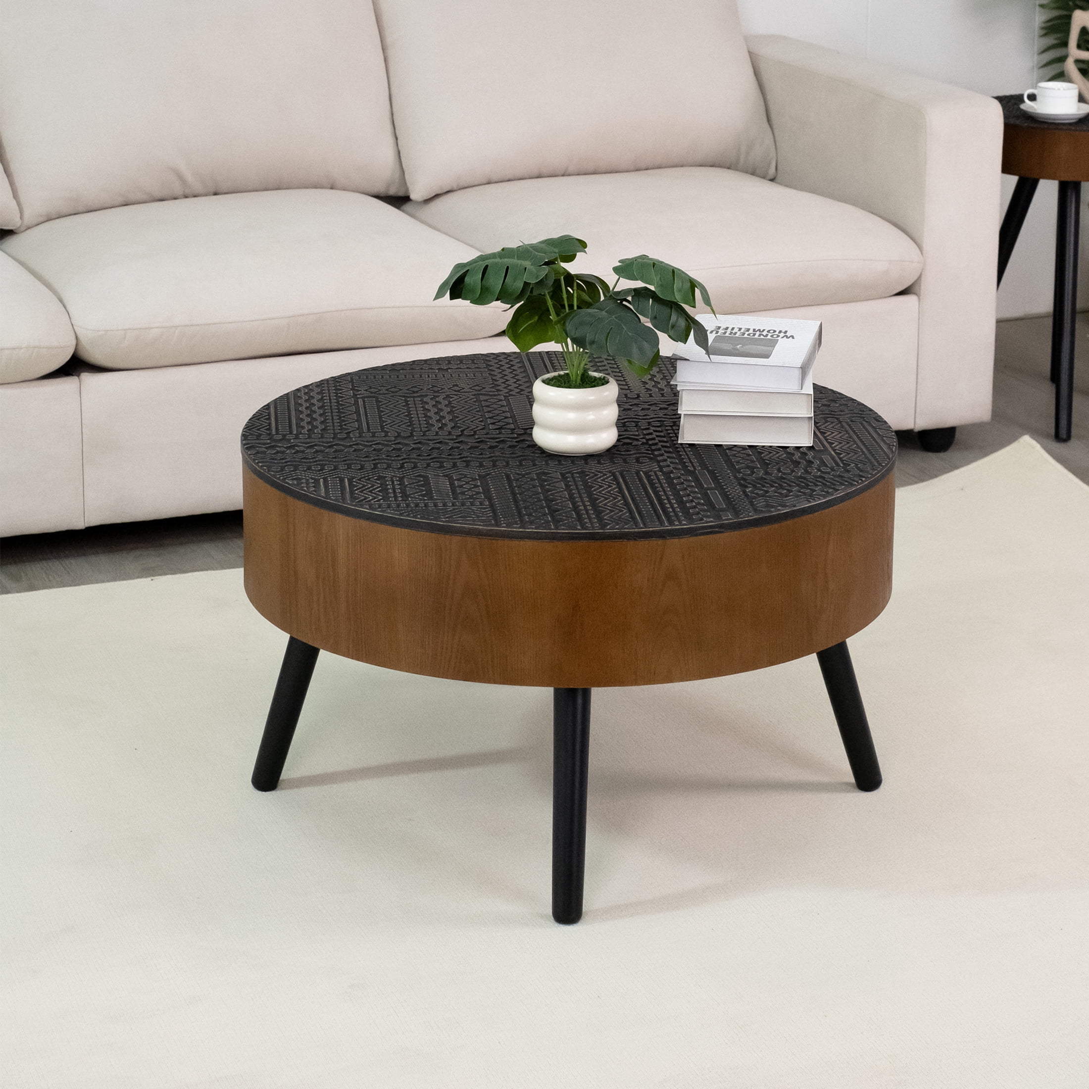 Noble House Tappen 31.5" Round Coffee Table with Engraved Top, American Wood Side Table for Small Spaces, Brown