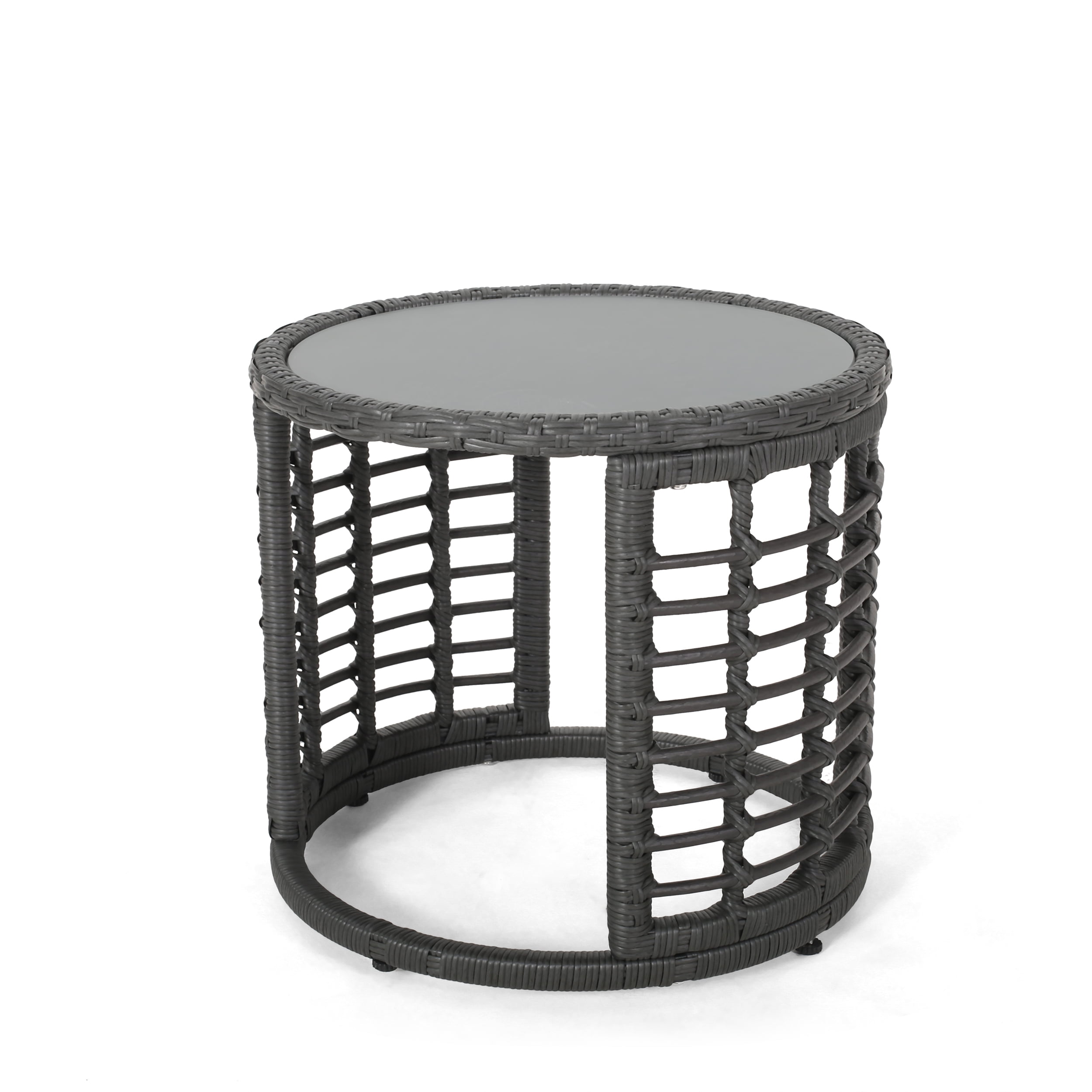 Harrisburg Outdoor Modern Boho Wicker Side Table with Tempered Glass Top, Gray