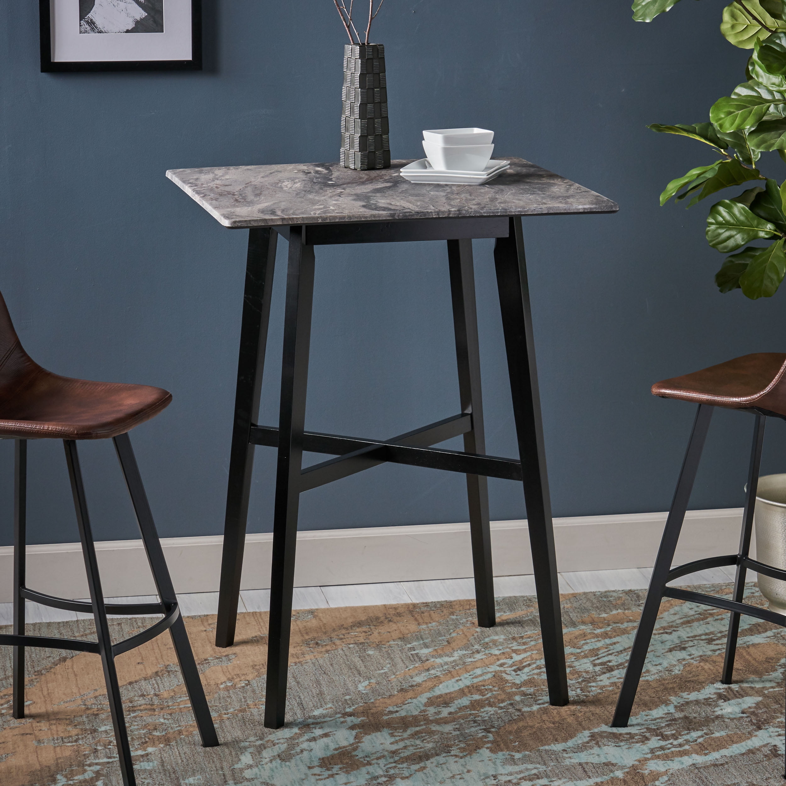 Noble House Tegan Modern Bar Table with Rubberwood Legs and Laminate Table Top Paladina Marble Finish