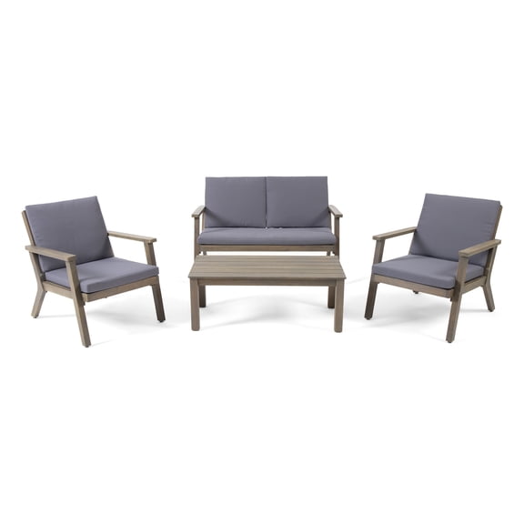 Sasha Outdoor Acacia Wood 4 Seater Chat Set with Cushions, Gray, Dark Gray