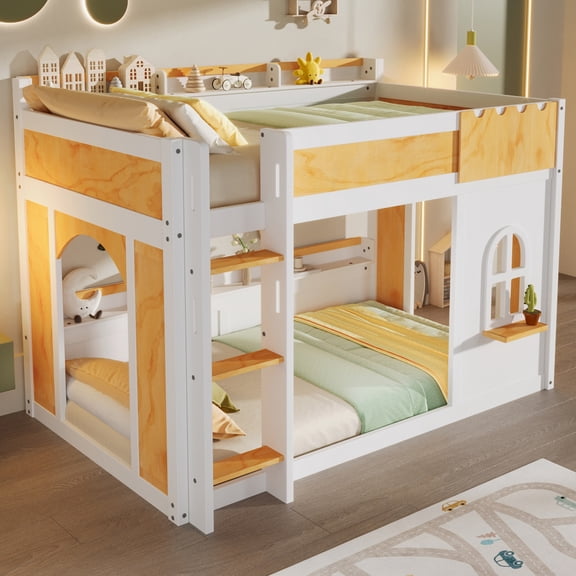 Noble House Thelma Twin over Twin Bunk Bed, Playhouse Design with Storage Shelves and Window, White and Natural