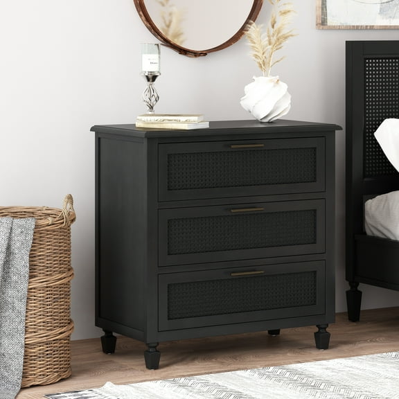 Noble House Thurber Acacia Wood and Cane 3 Drawer Dresser, Dark Gray
