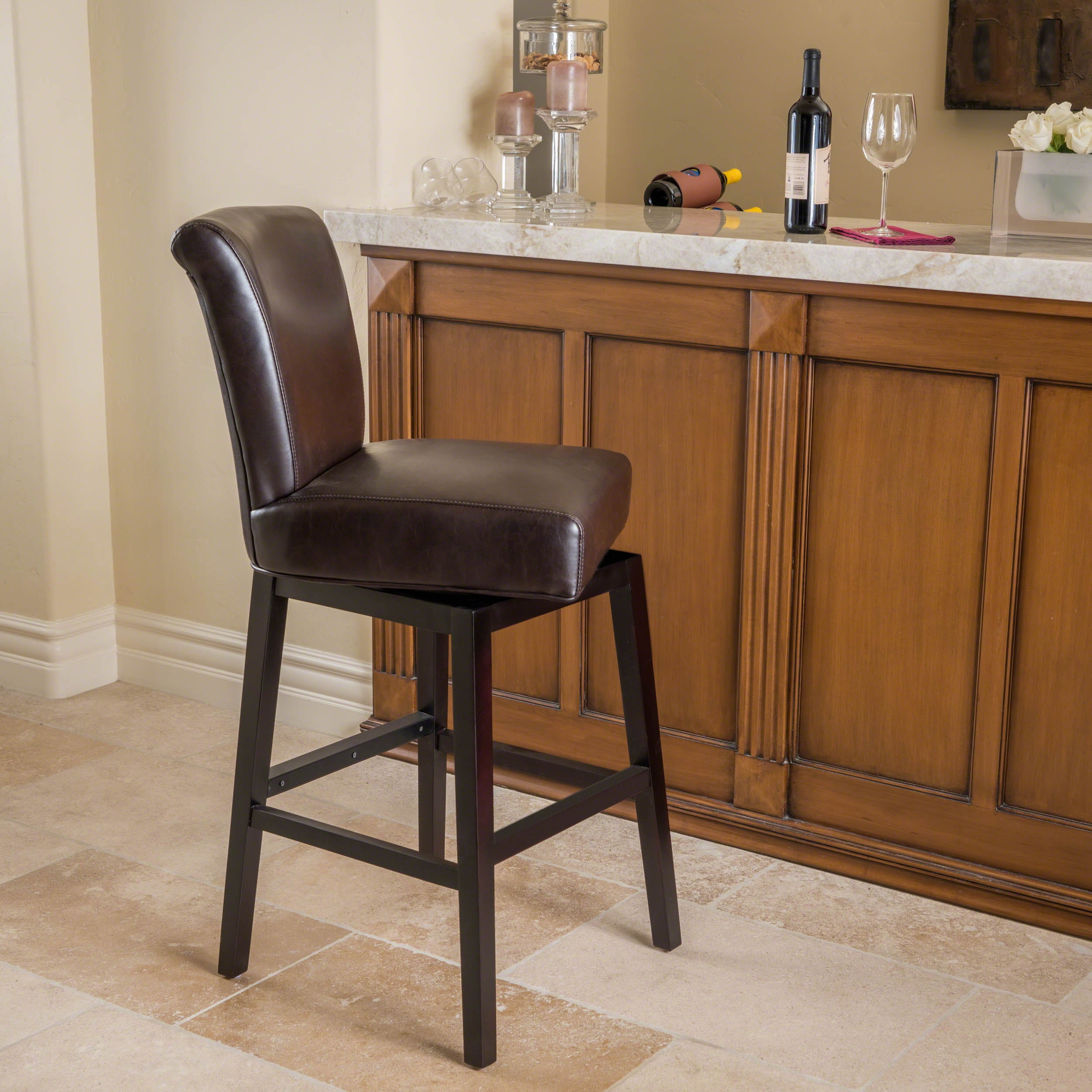 Noble House Tiffany Espresso Bonded Leather Swivel Bar Stool Brown
