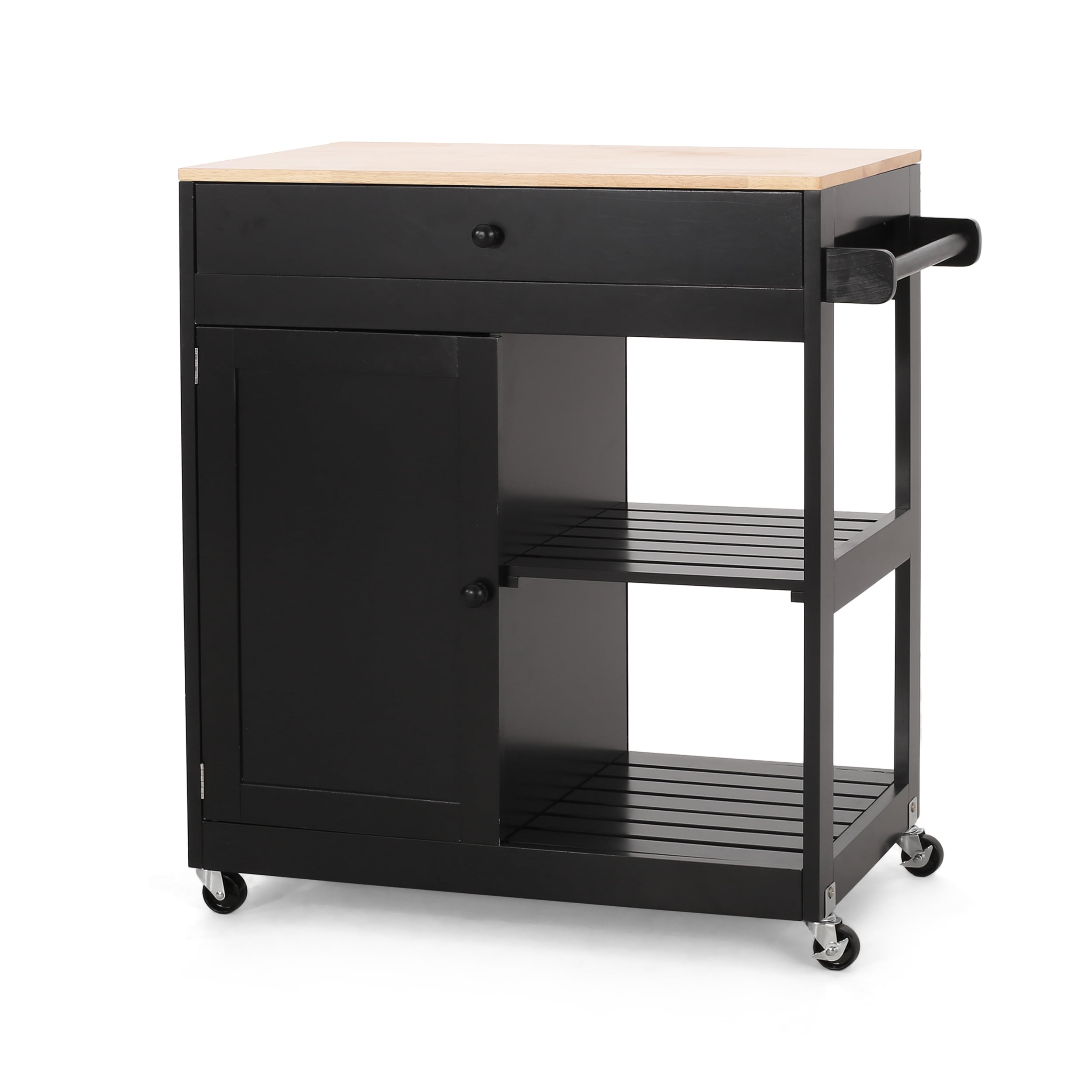 Noble House Tift Wood Kitchen Cart with Wheels, Black and Natural