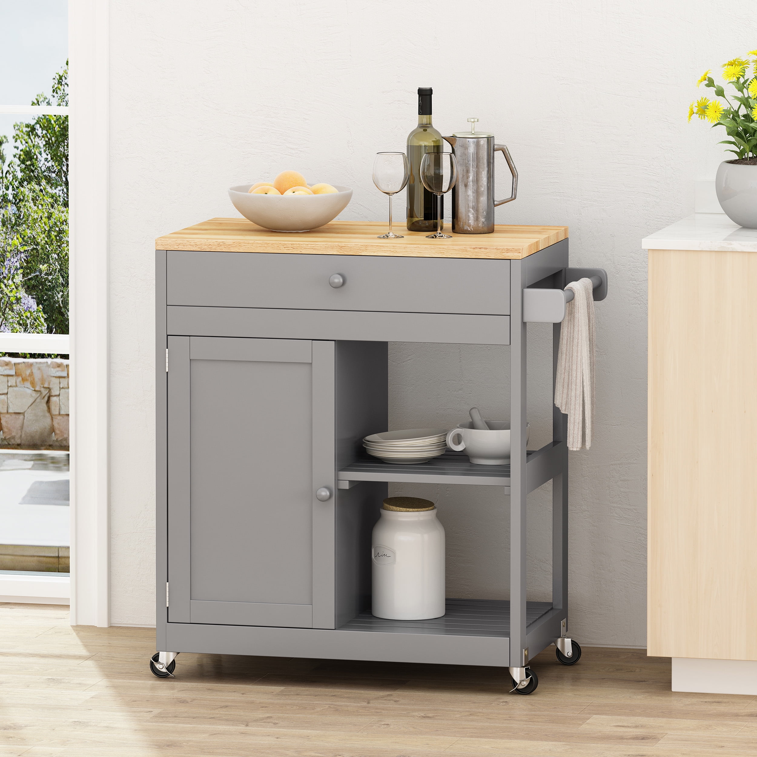 Noble House Tift Wood Kitchen Cart with Wheels, Gray and Natural