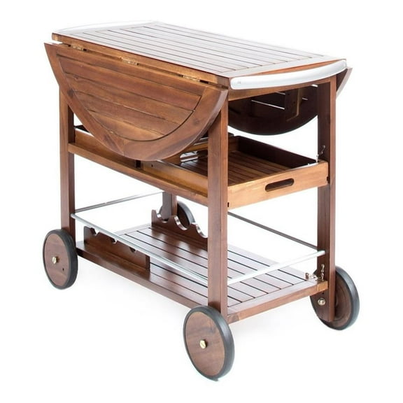 Noble House Tillary Outdoor Acacia Wood Bar Cart with Aluminum Accents in Oak