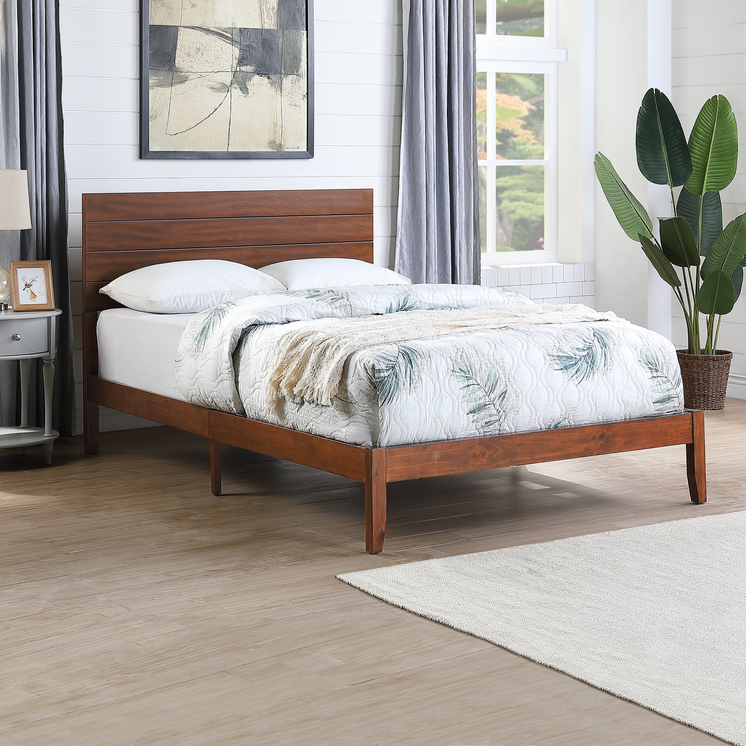 Noble House Tony Queen Size Bed with Headboard, Natural and Dark Brown Finish