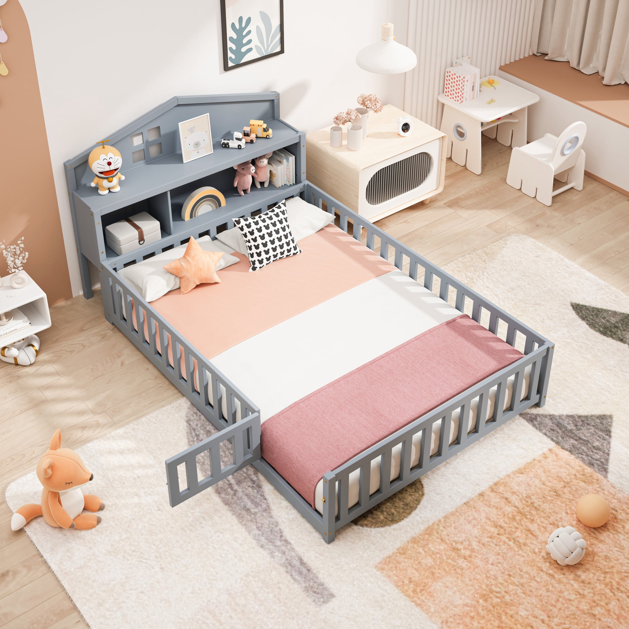 Noble House Tonya Full Montessori Floor Bed, Storage Headboard Bookcase & Chalkboard, Versatile Platform Beds, Gray