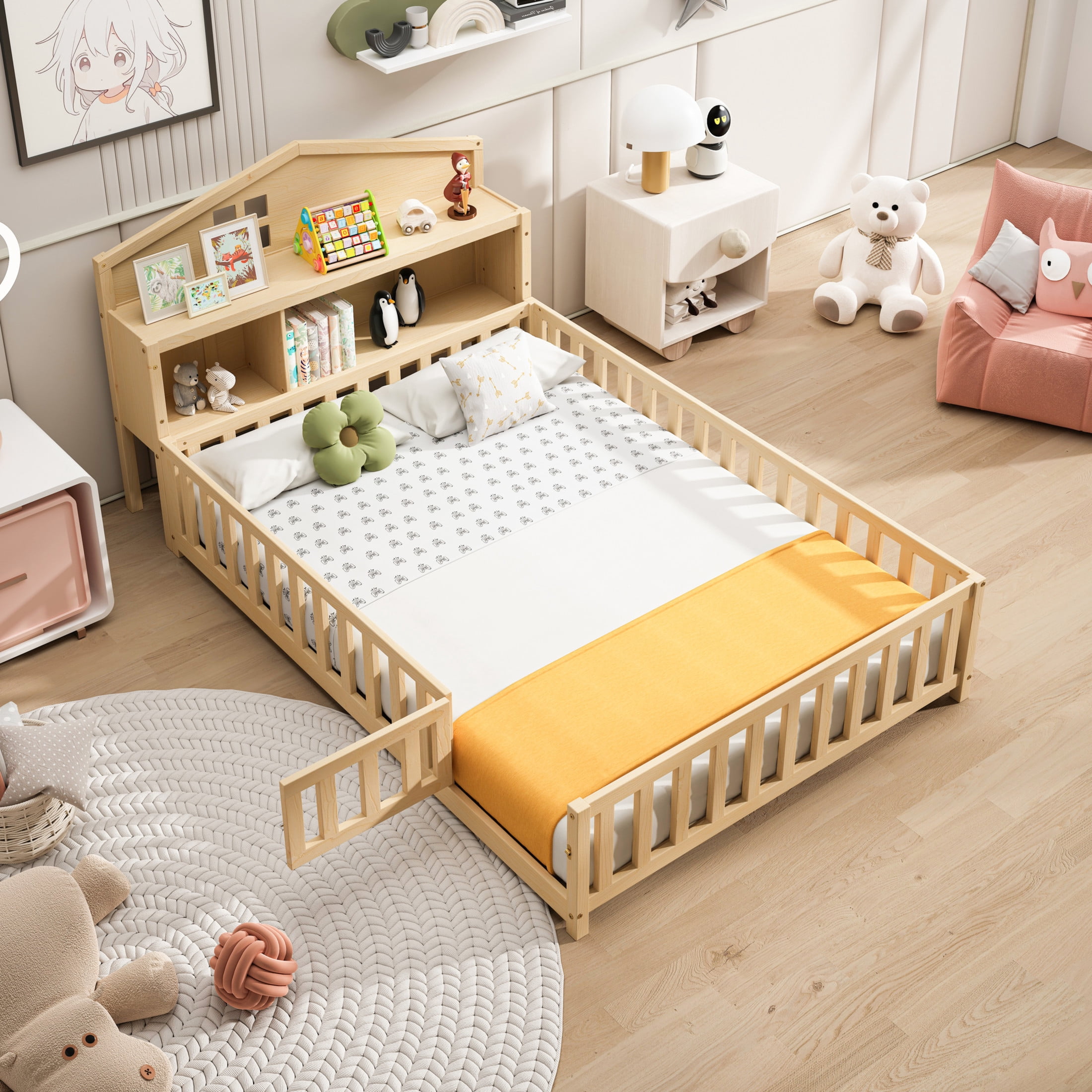 Noble House Tonya Full Montessori Floor Bed, Storage Headboard Bookcase & Chalkboard, Versatile Platform Beds, Natural